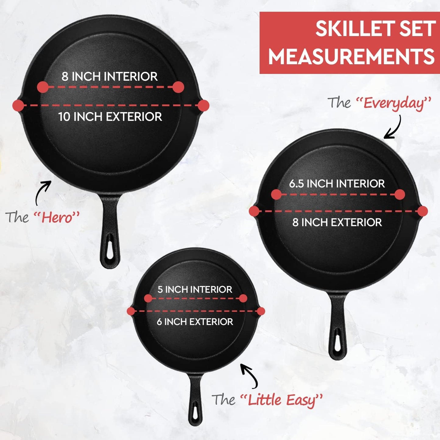 Cast Iron Frying Pan Set 3-Piece Heavy Duty Professional Chef Cookware Black NEW