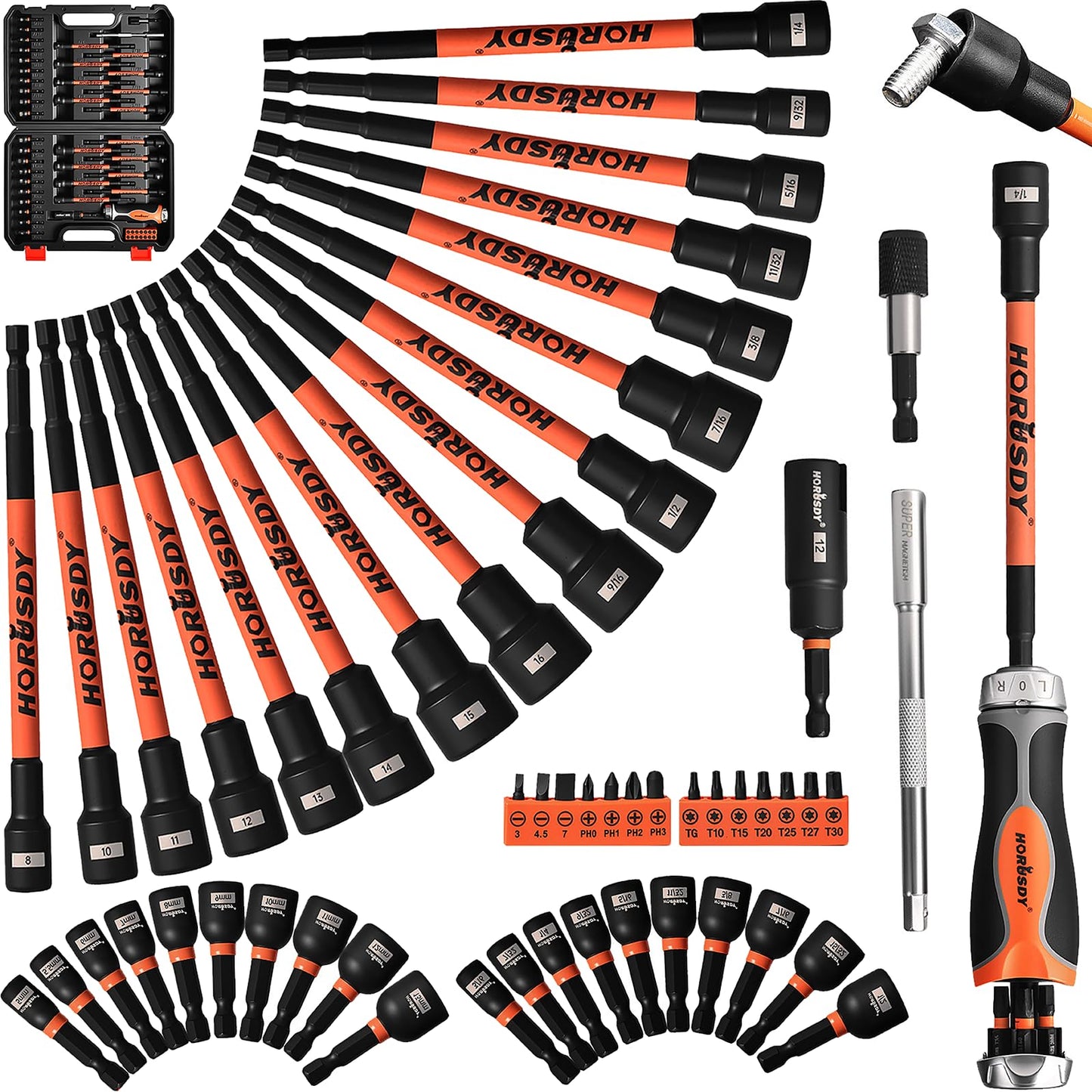 HORUSDY 60-Piece Magnetic Nut Driver Set with 6-in-1 Ratcheting Screwdriver NEW