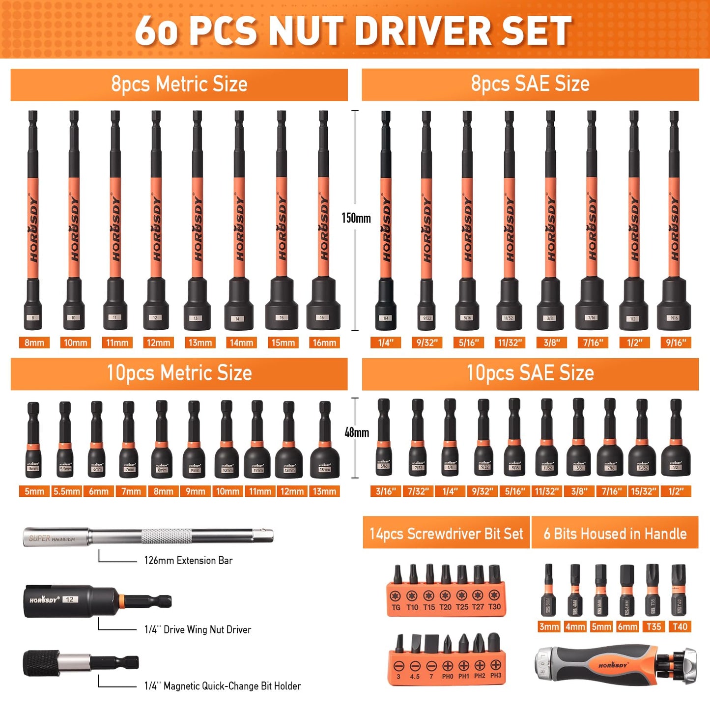 HORUSDY 60-Piece Magnetic Nut Driver Set with 6-in-1 Ratcheting Screwdriver NEW