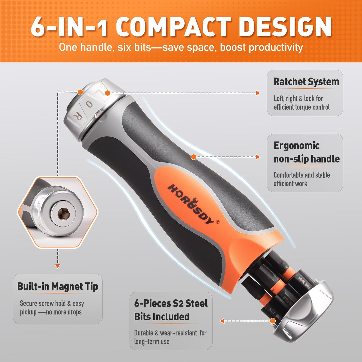 HORUSDY 60-Piece Magnetic Nut Driver Set with 6-in-1 Ratcheting Screwdriver NEW