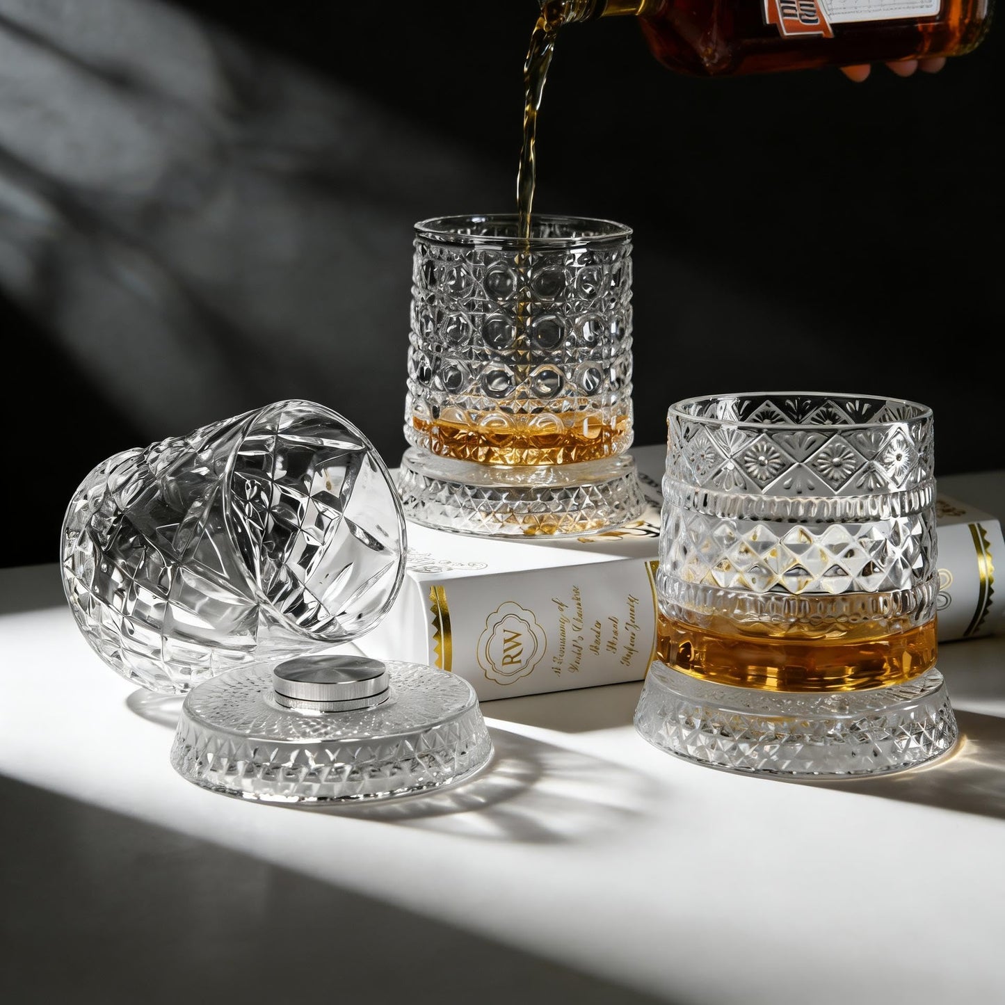 Elegant Spinning Cognac Glasses Set with Classic Ice Flowers Glassware, 4.4 NEW