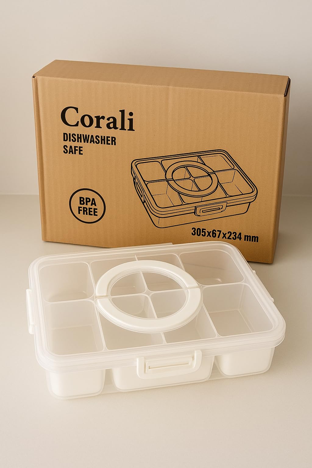 Corali 8-Compartment Bento Lunch Box Divided Serving Tray BPA-Free White NEW