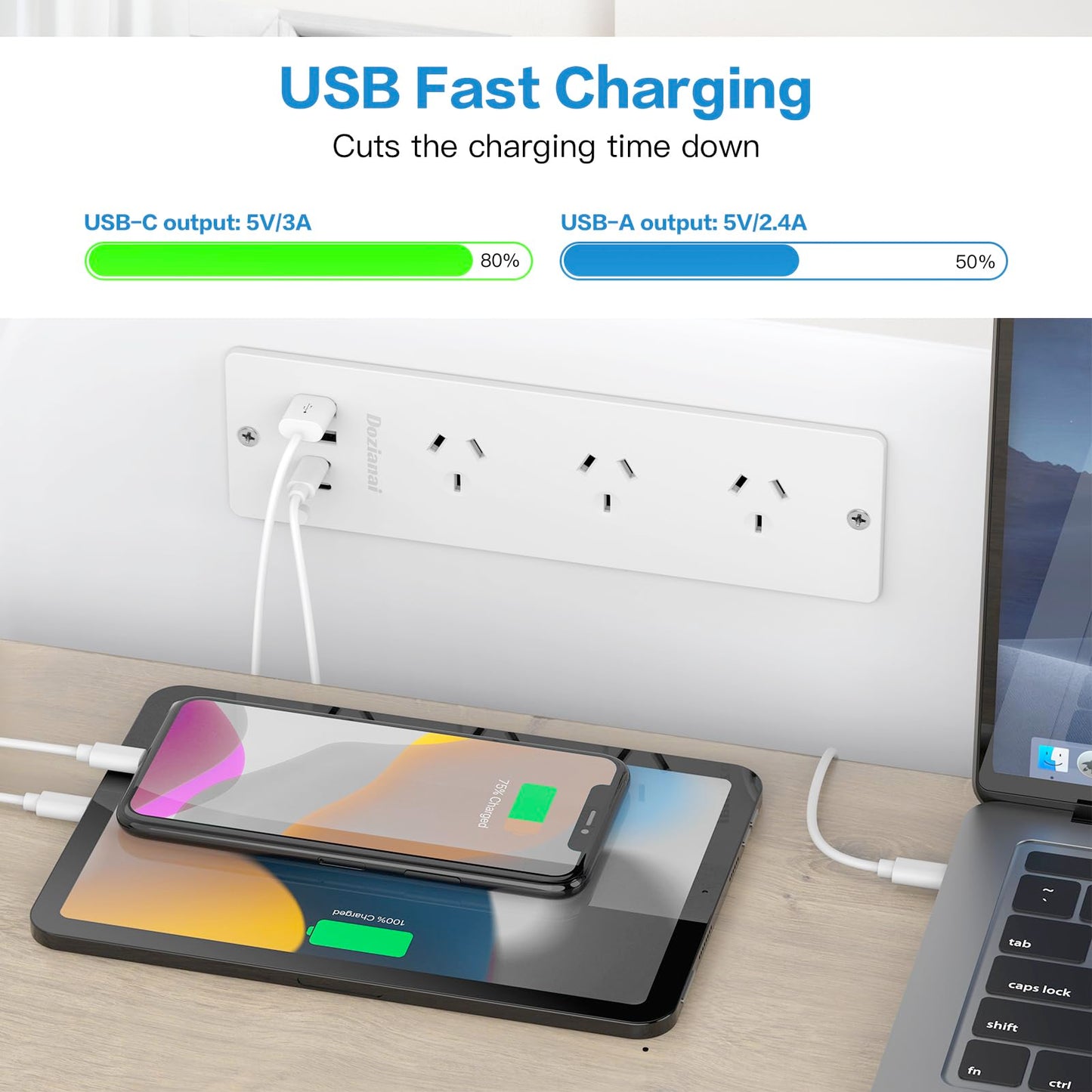 Dozianai Power Strip with 3 Outlets and 4 USB Ports (2 USB-C, 2 USB-A) DEMO