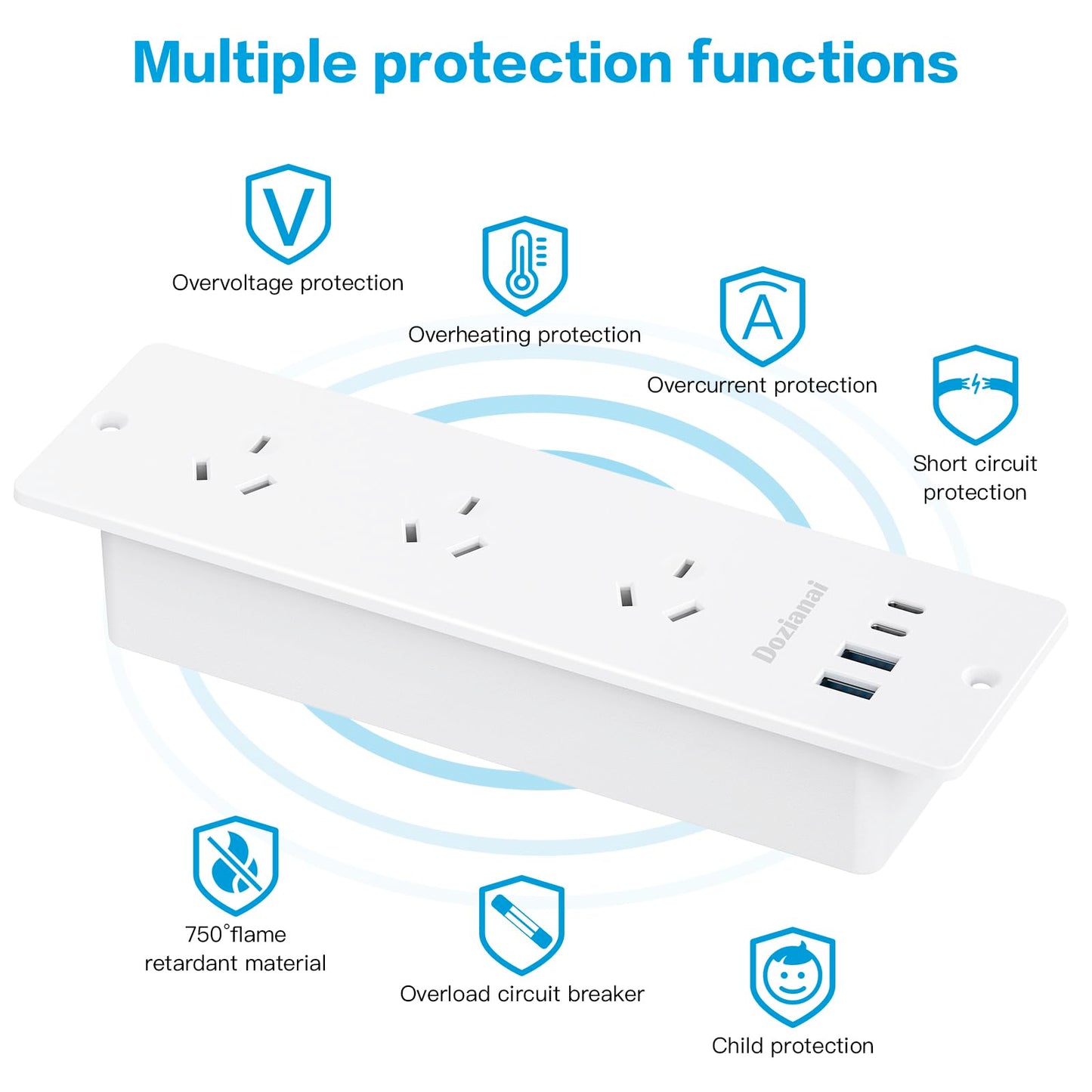 Dozianai Power Strip with 3 Outlets and 4 USB Ports (2 USB-C, 2 USB-A) DEMO