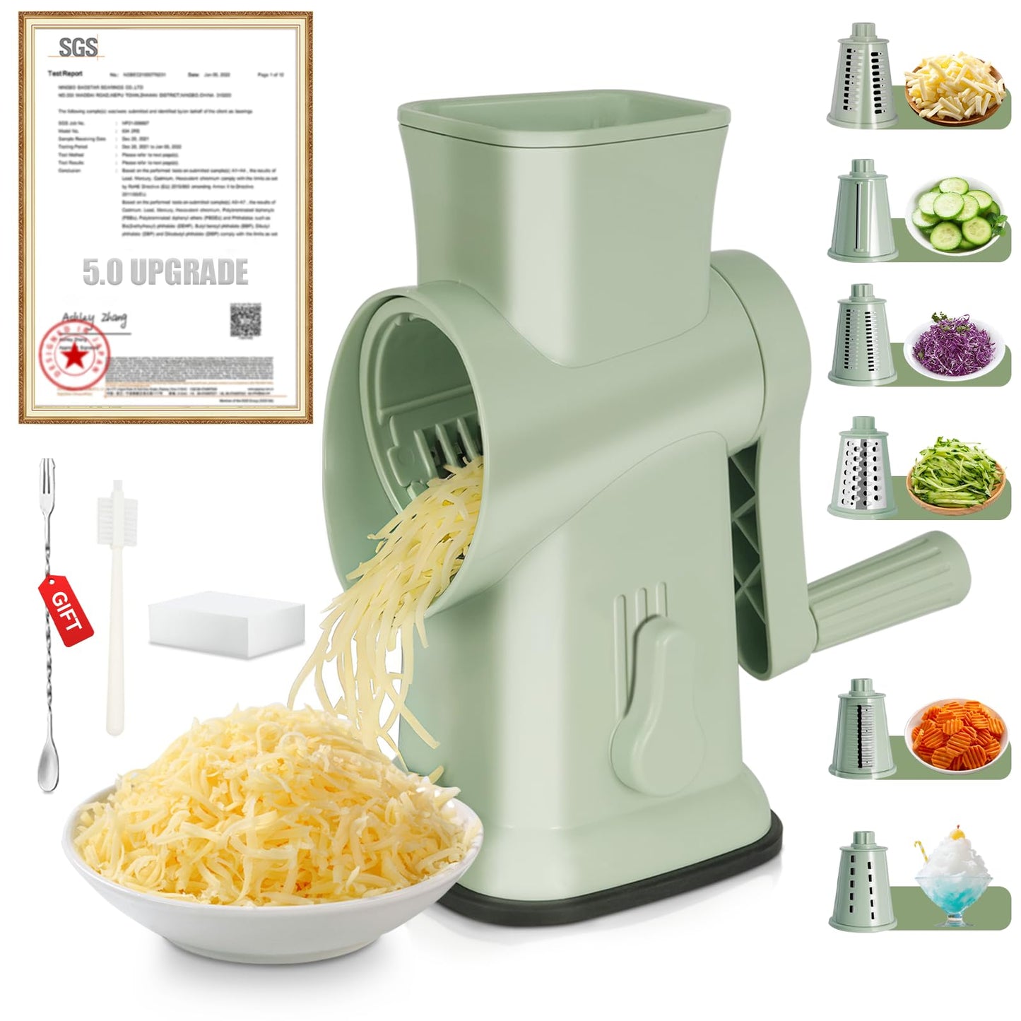 RVGMBO 6-in-1 Rotary Stainless Steel Cheese Grater Shredder Slicer Green NEW
