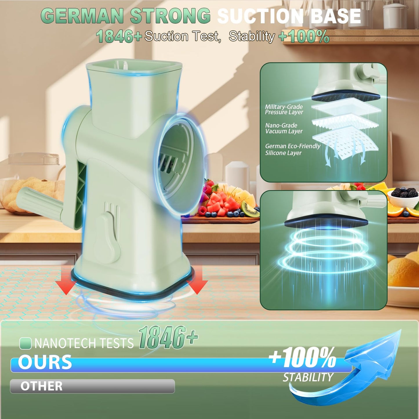 RVGMBO 6-in-1 Rotary Stainless Steel Cheese Grater Shredder Slicer Green NEW
