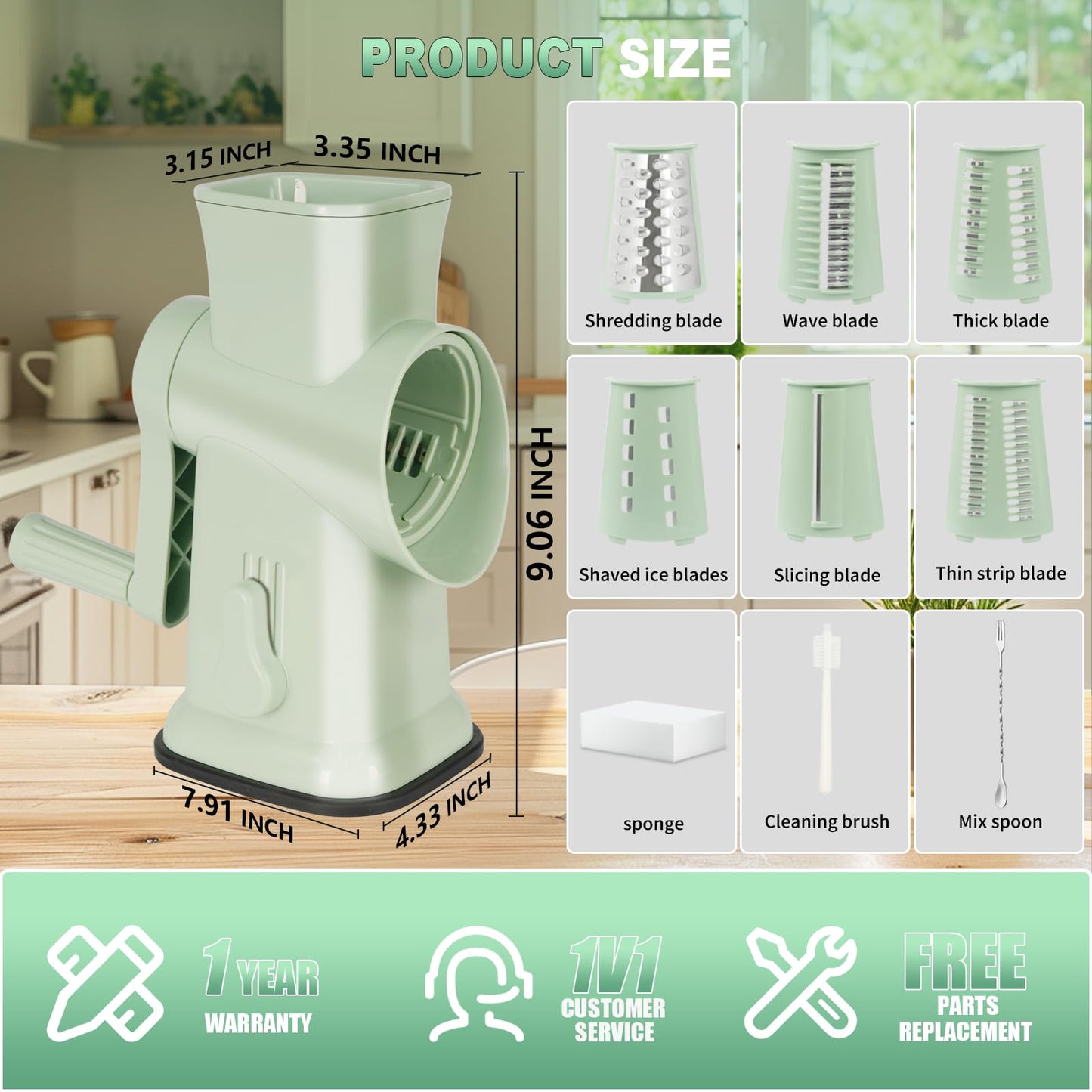 RVGMBO 6-in-1 Rotary Stainless Steel Cheese Grater Shredder Slicer Green NEW
