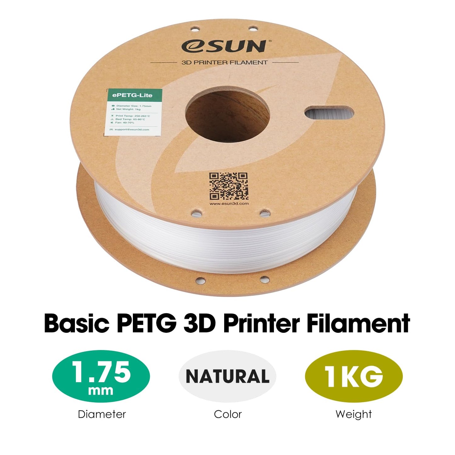 eSUN PETG 3D Printer Filament, Natural Color, 1kg / 1.75mm Spool, for NEW