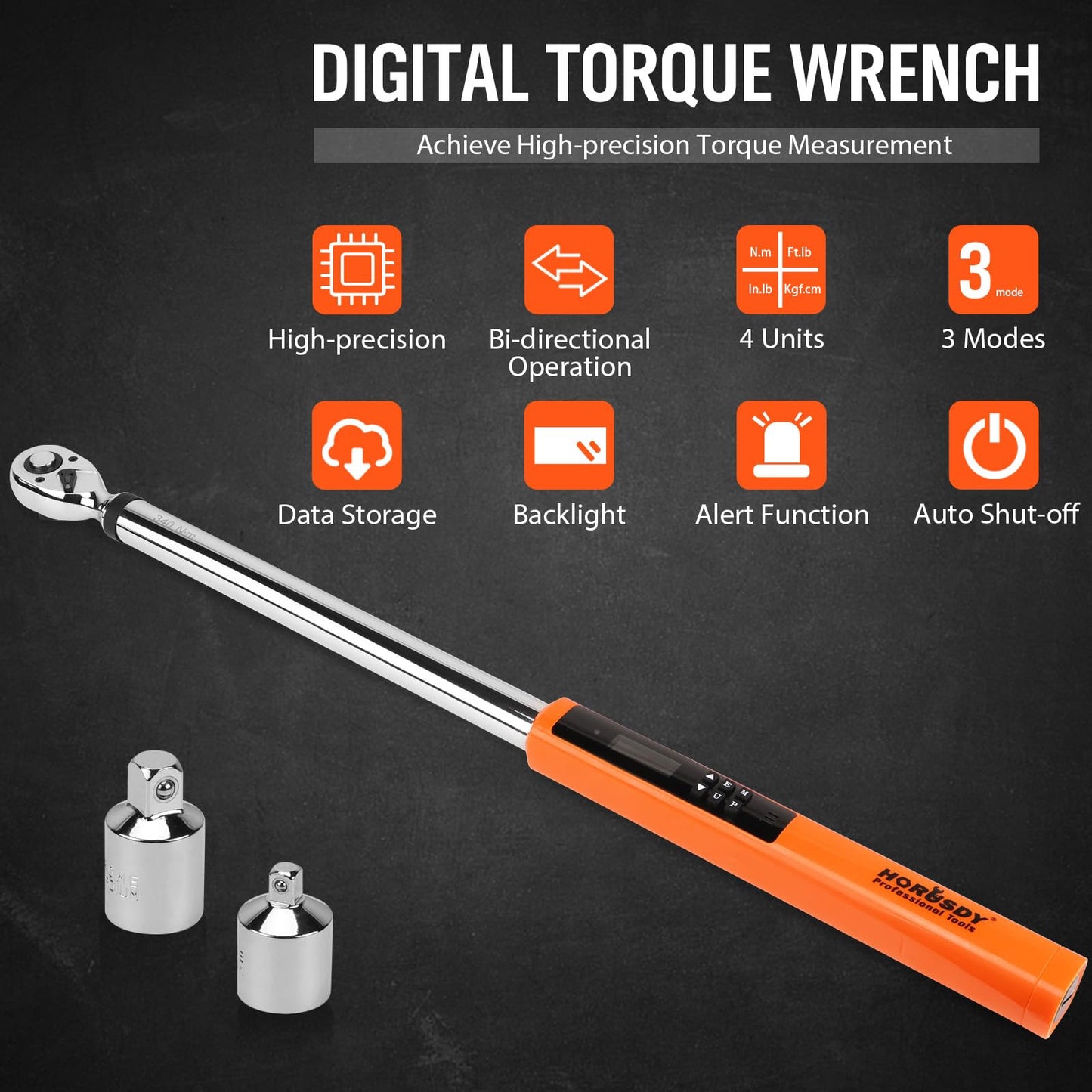 HORUSDY 1/2" Digital Torque Wrench, 25-250 Ft-lb, 2% Accurate, Orange, for DEMO