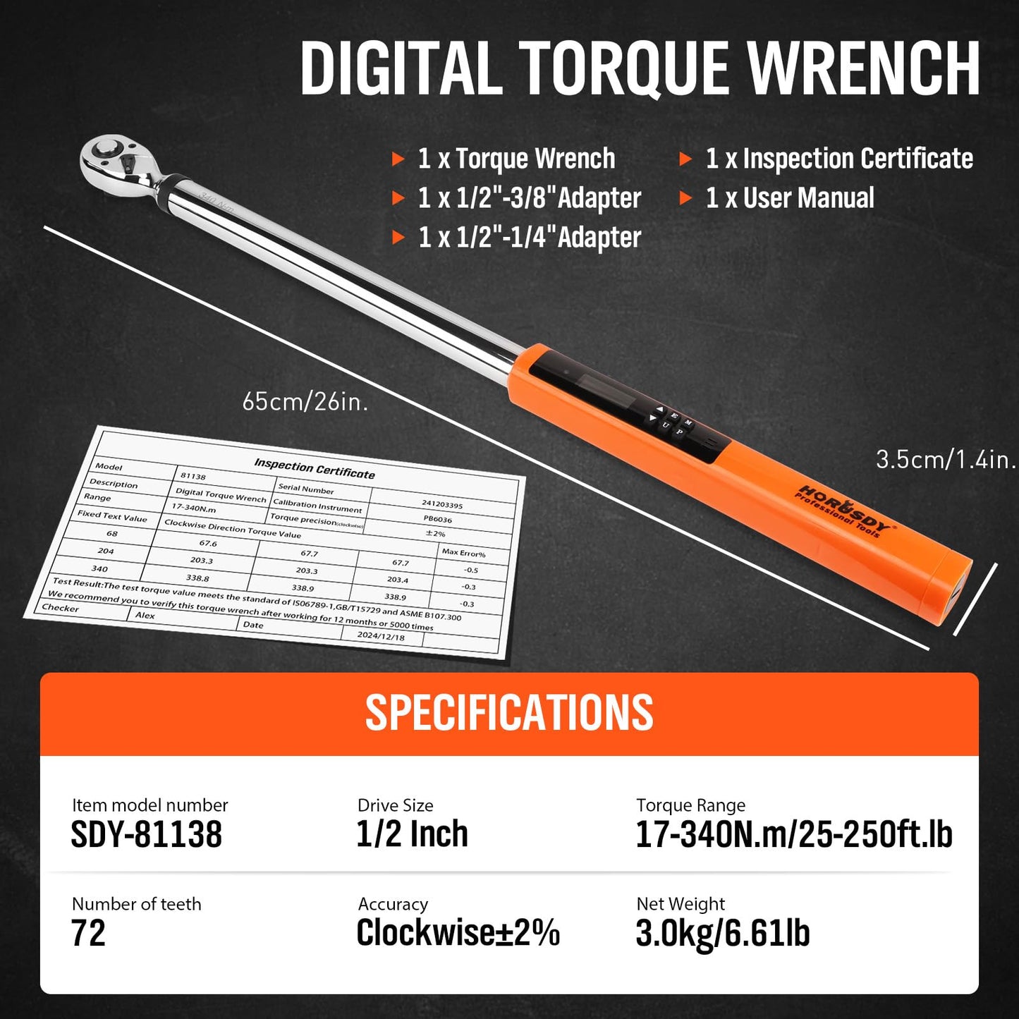 HORUSDY 1/2" Digital Torque Wrench, 25-250 Ft-lb, 2% Accurate, Orange, for DEMO