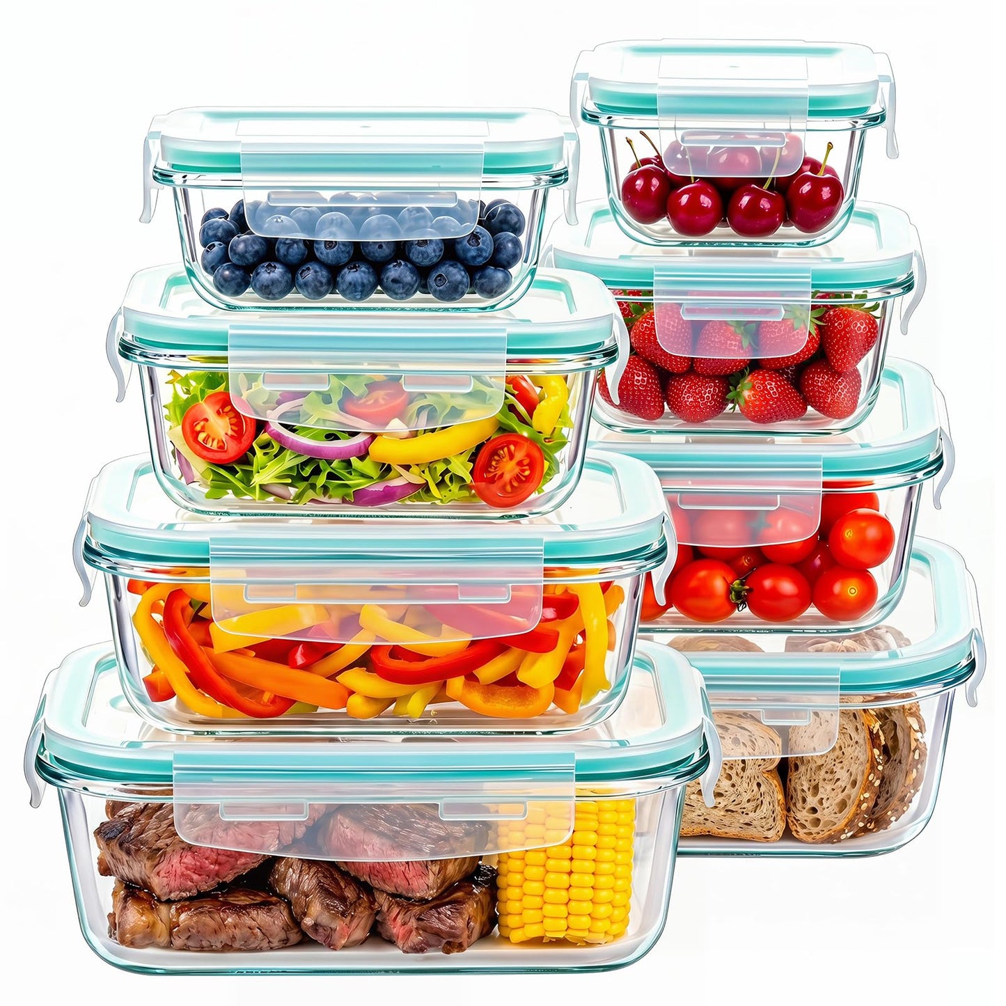 Borosilicate Glass Container Sets Food Storage Containers, Clear Lids, NEW