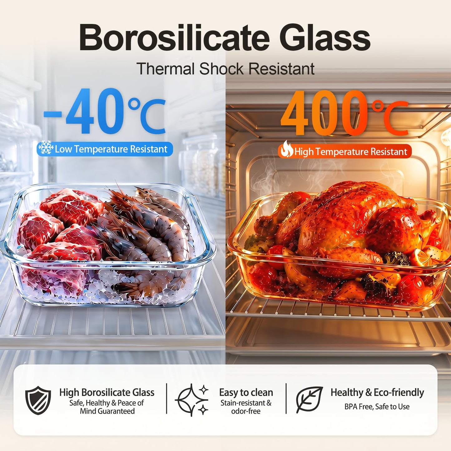 Borosilicate Glass Container Sets Food Storage Containers, Clear Lids, NEW