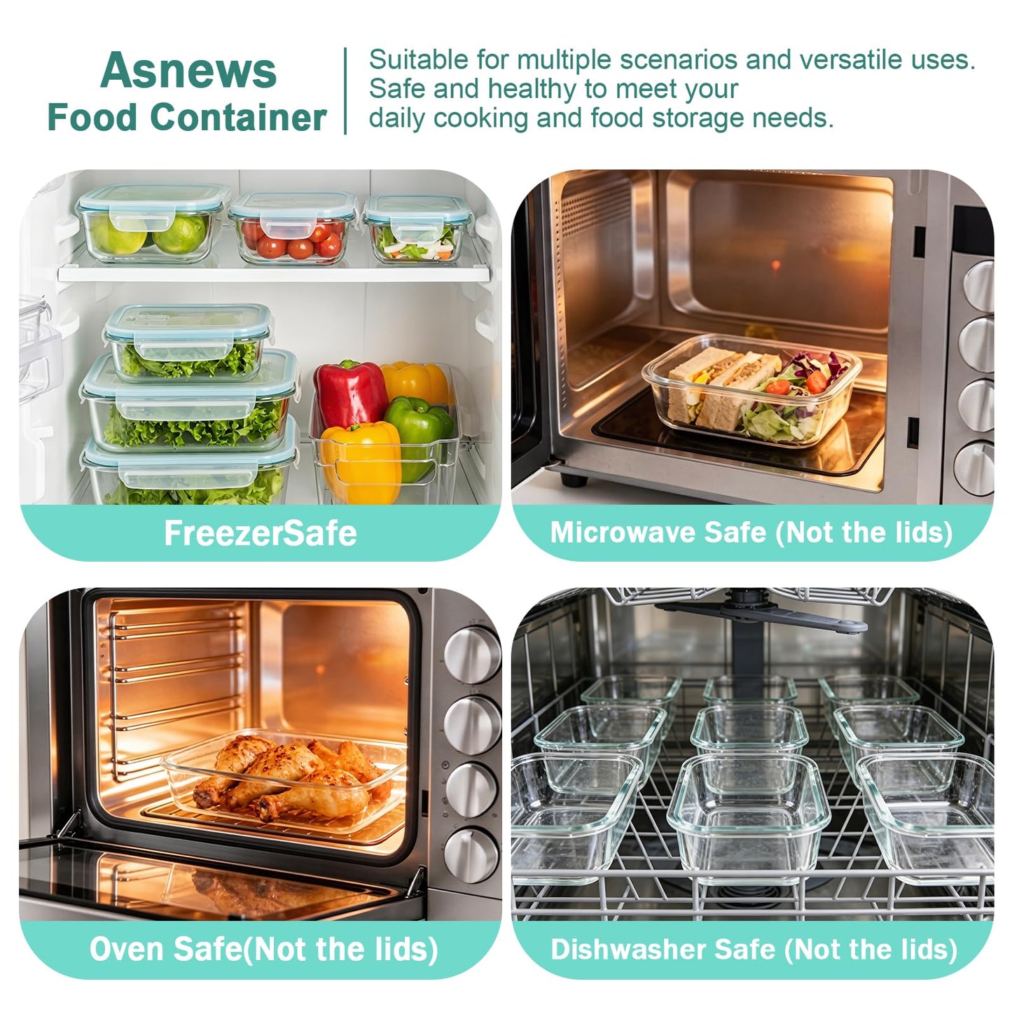 Borosilicate Glass Container Sets Food Storage Containers, Clear Lids, NEW