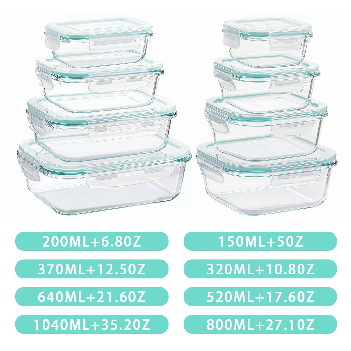 Borosilicate Glass Container Sets Food Storage Containers, Clear Lids, NEW