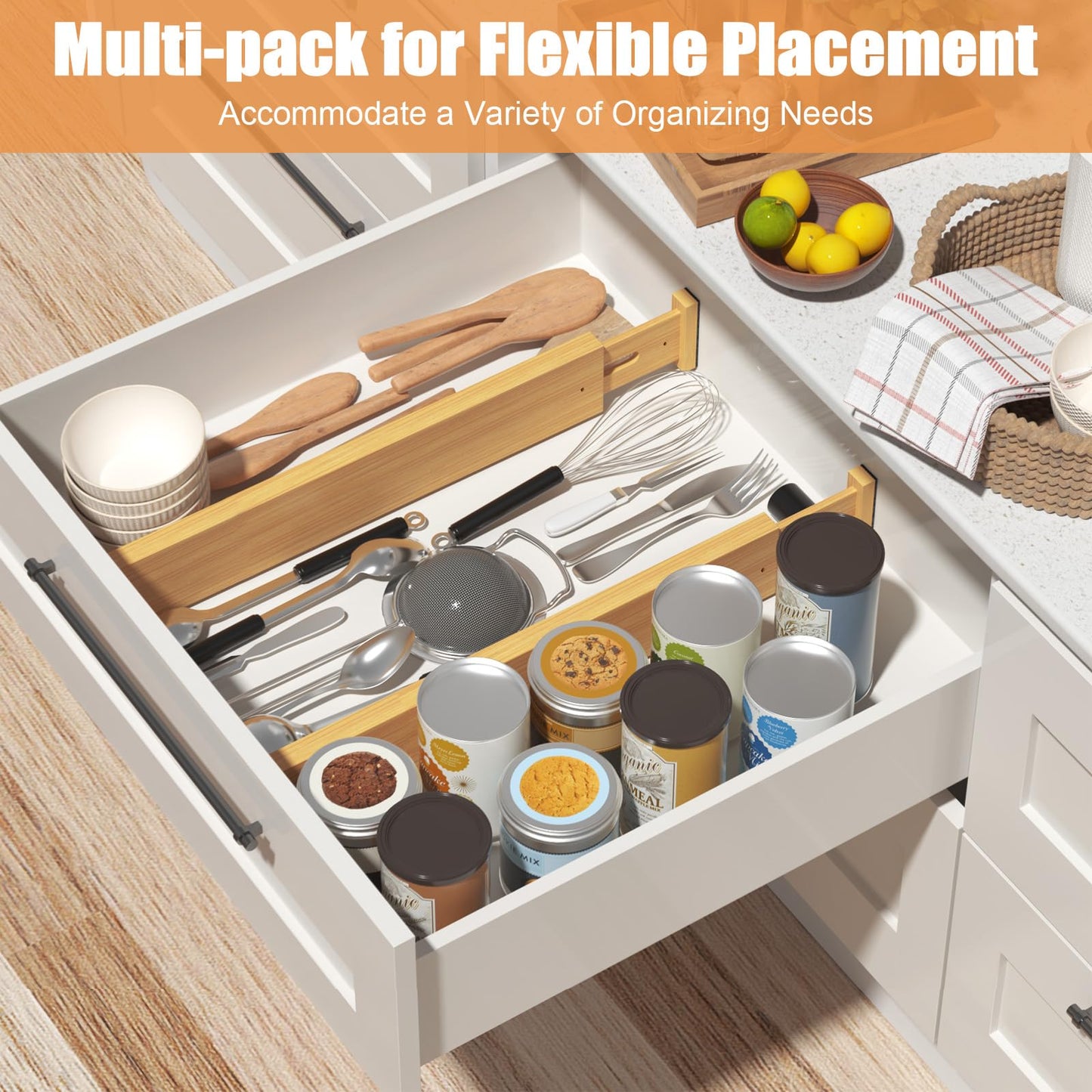 Ryqtop Adjustable Bamboo Drawer Organizer for Clothing Storage, Natural NEW