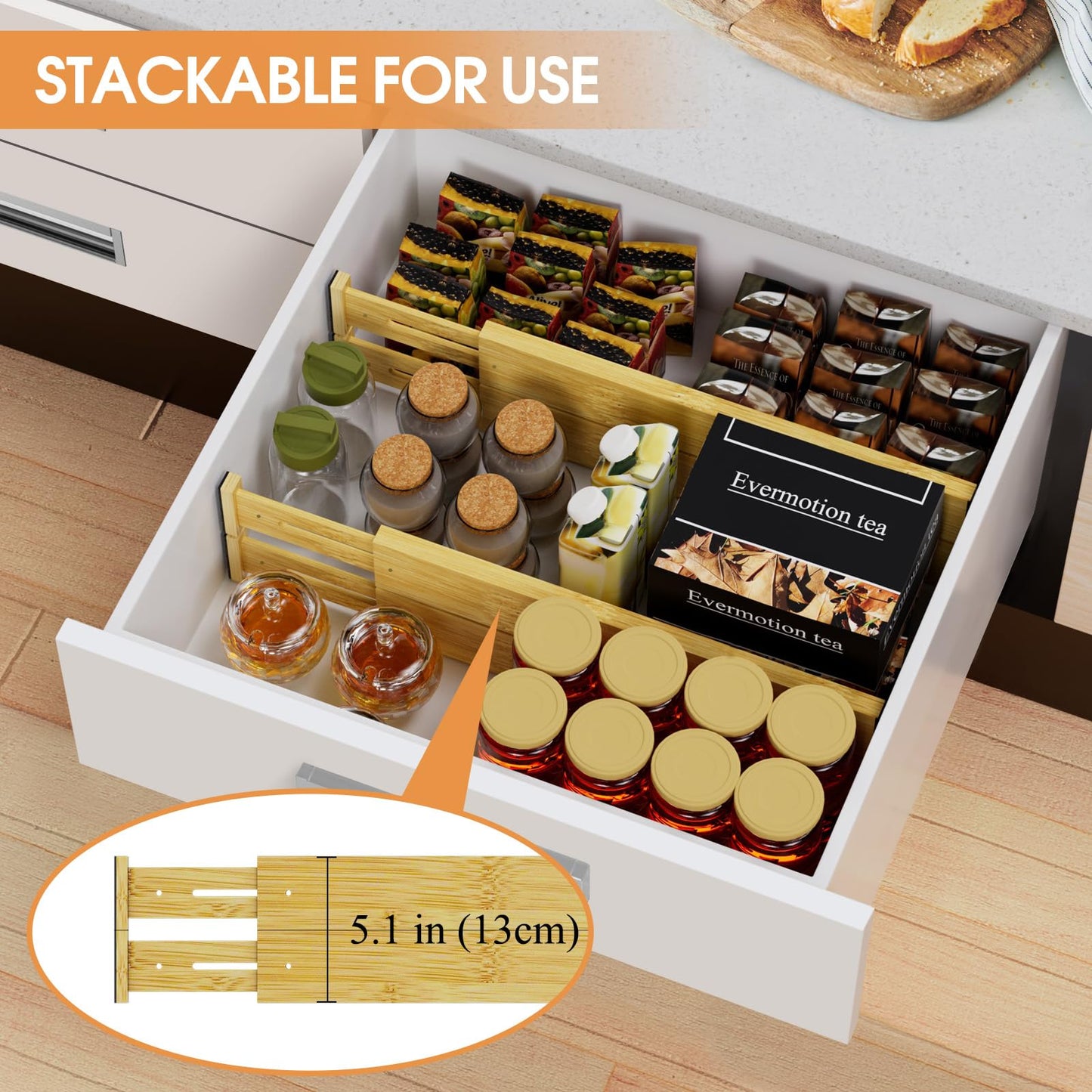 Ryqtop Adjustable Bamboo Drawer Organizer for Clothing Storage, Natural NEW