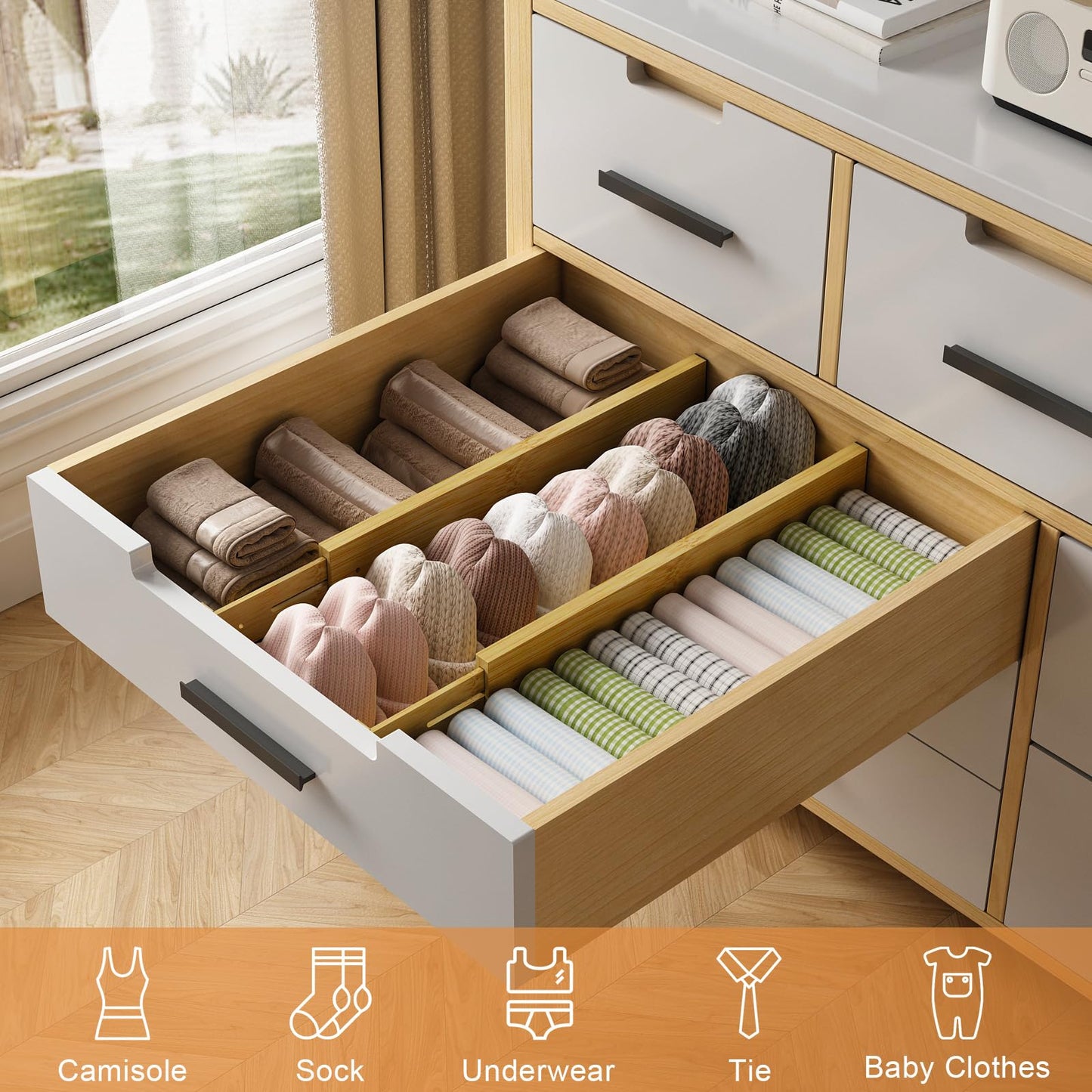 Ryqtop Adjustable Bamboo Drawer Organizer for Clothing Storage, Natural NEW