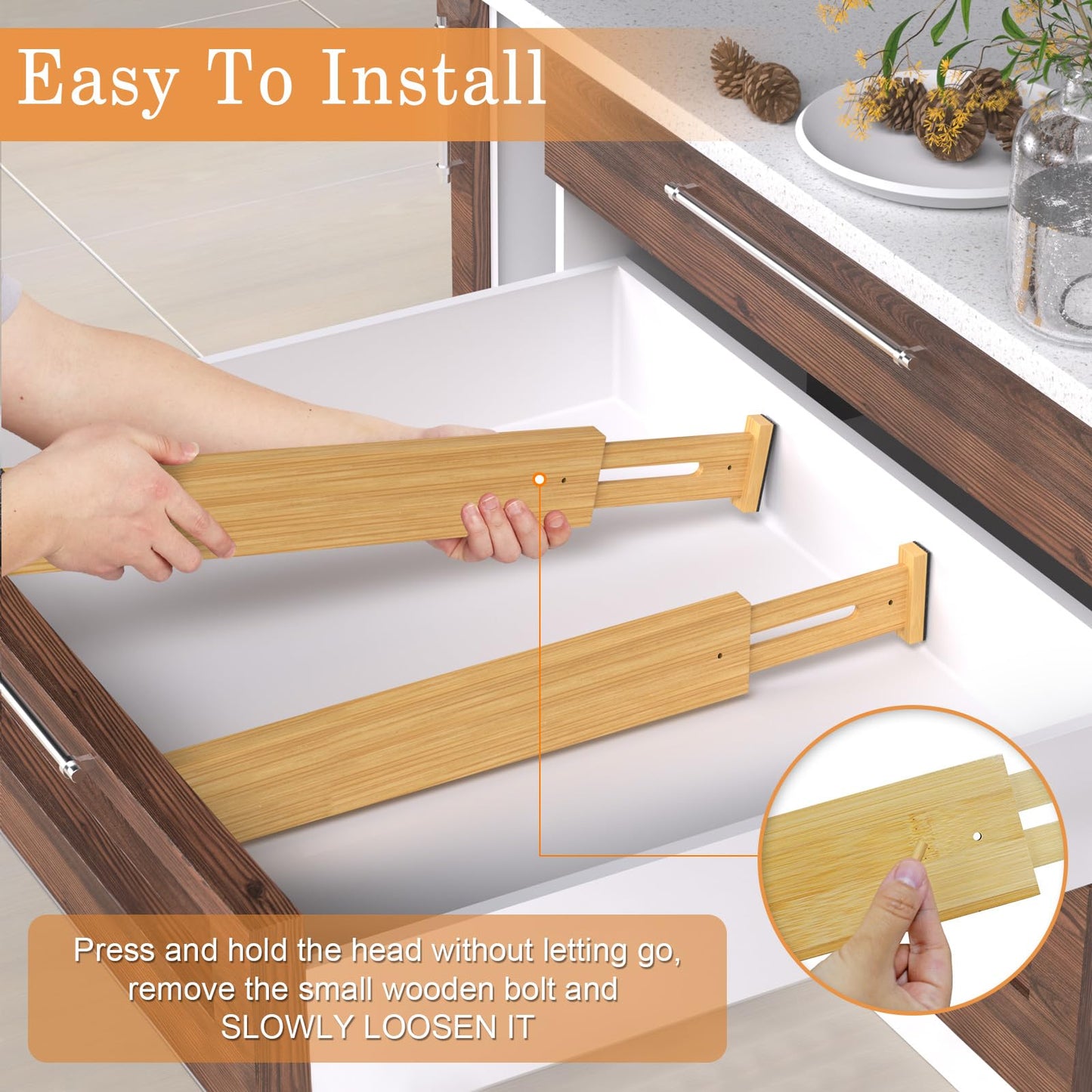 Ryqtop Adjustable Bamboo Drawer Organizer for Clothing Storage, Natural NEW