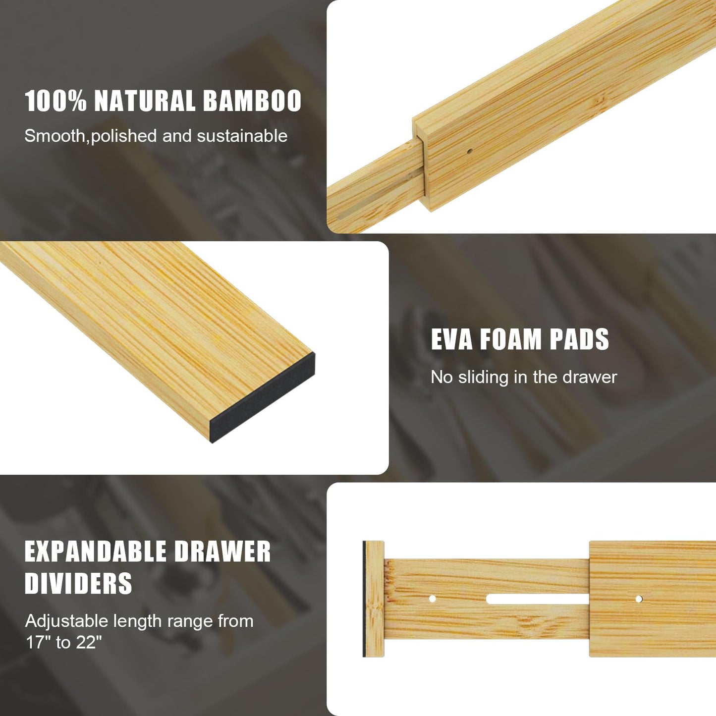 Ryqtop Adjustable Bamboo Drawer Organizer for Clothing Storage, Natural NEW