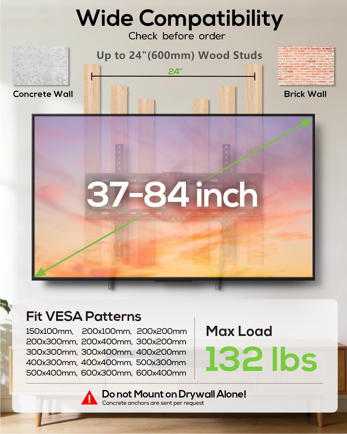 USX MOUNT Heavy Duty TV Wall for 37-84 Inch TVs up to 132 Lbs Black NEW