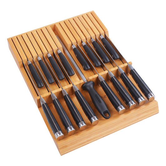 Utoplike 16-Slot Bamboo Kitchen Knife Organizer Drawer Block Set for Storage NEW