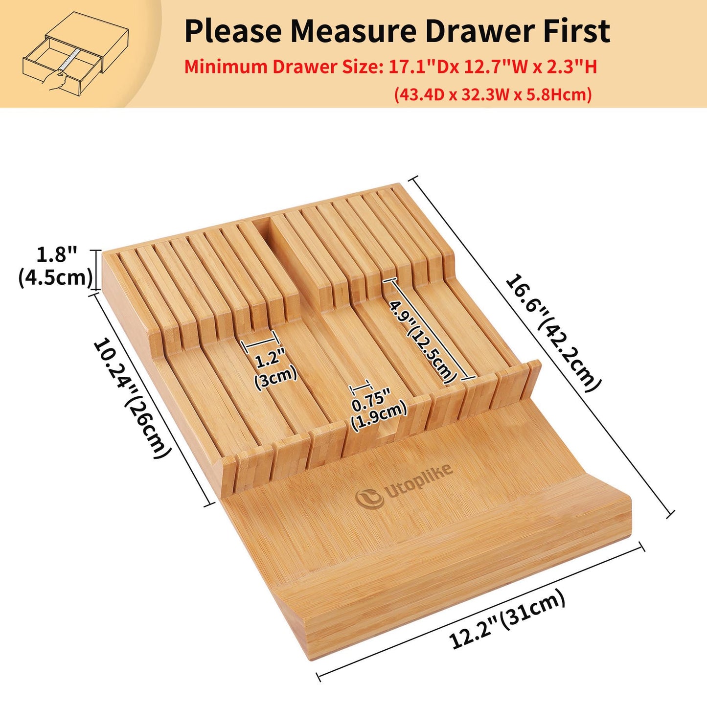 Utoplike 16-Slot Bamboo Kitchen Knife Organizer Drawer Block Set for Storage NEW