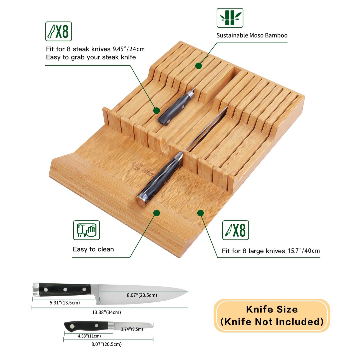 Utoplike 16-Slot Bamboo Kitchen Knife Organizer Drawer Block Set for Storage NEW