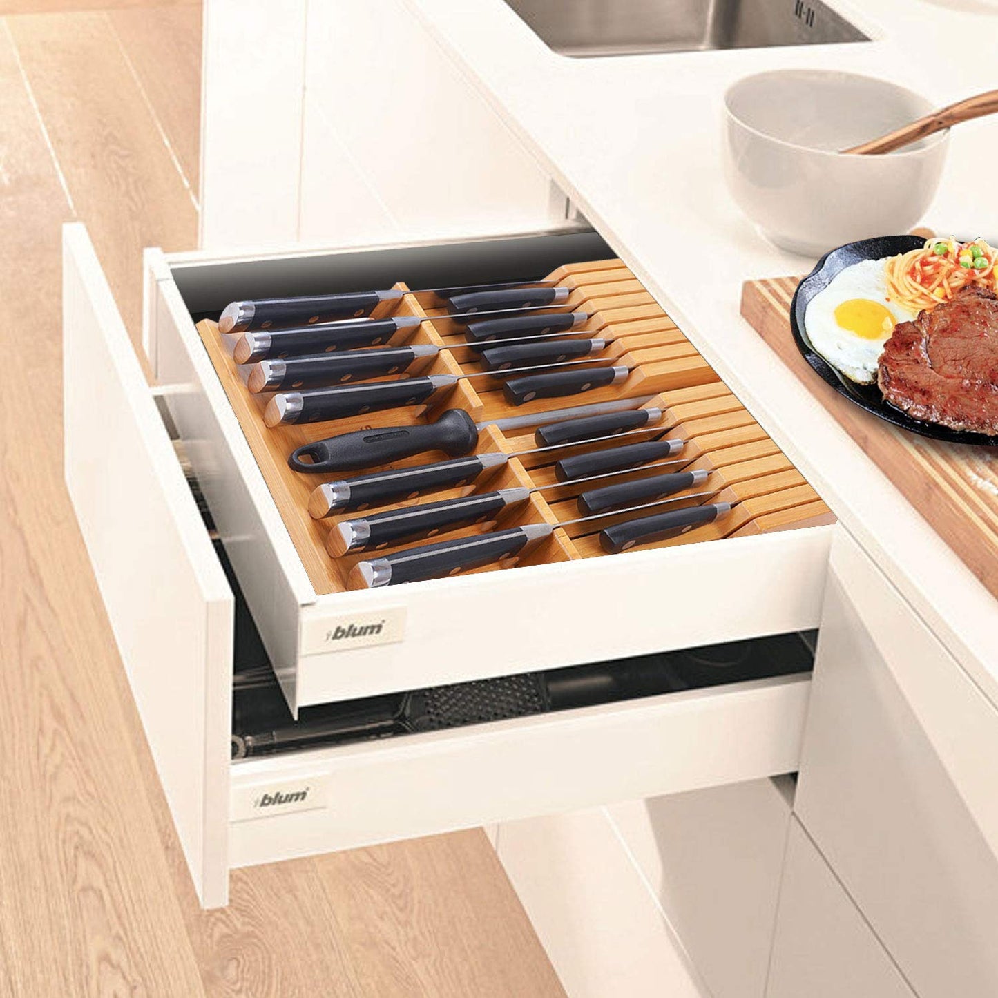 Utoplike 16-Slot Bamboo Kitchen Knife Organizer Drawer Block Set for Storage NEW