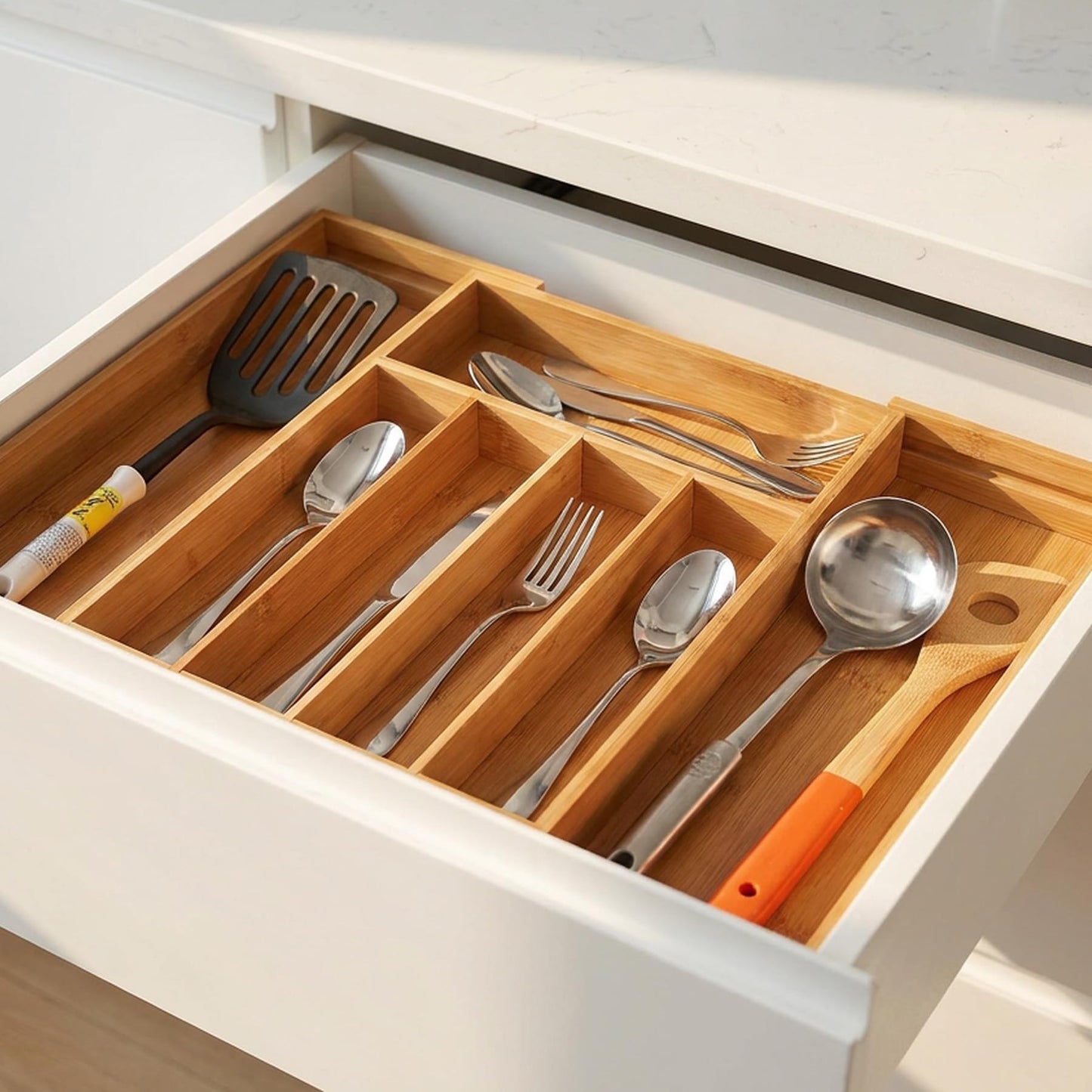 Utoplike Expandable Bamboo Cutlery Organizer Tray for Kitchen Drawers NEW