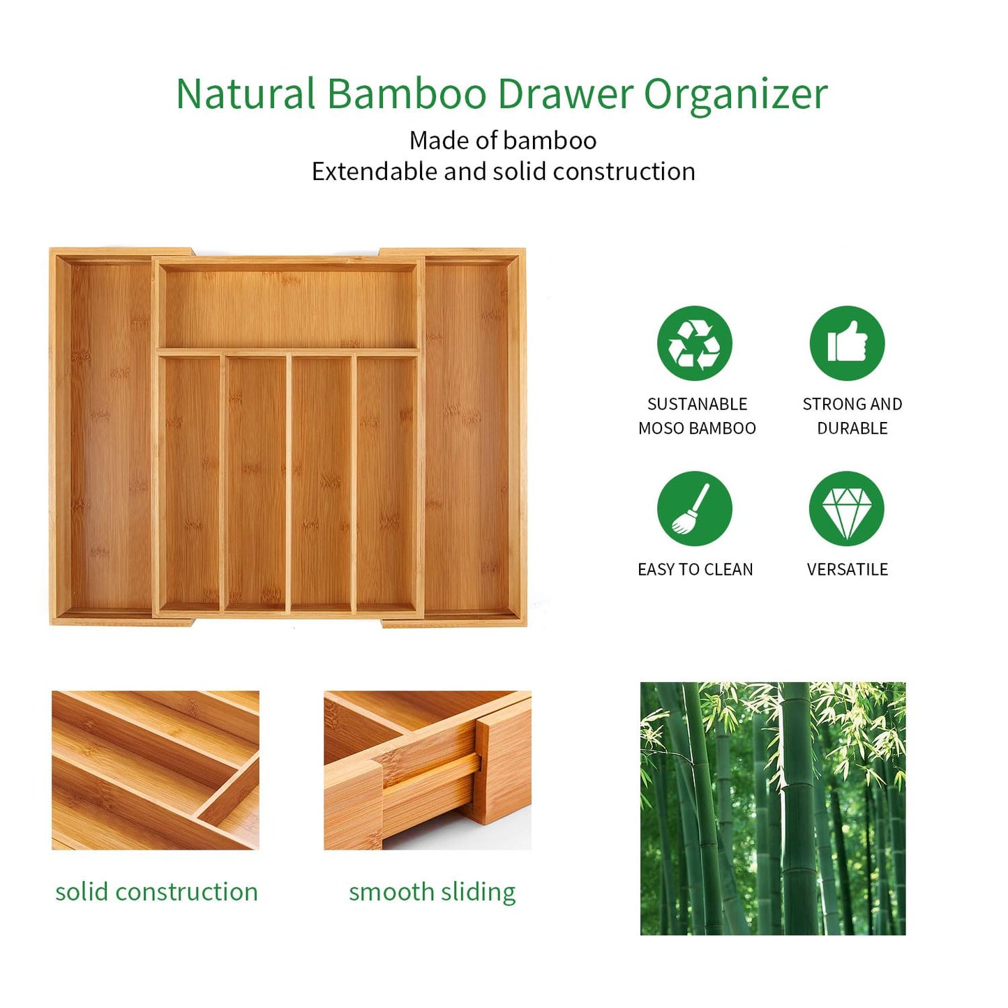 Utoplike Expandable Bamboo Cutlery Organizer Tray for Kitchen Drawers NEW