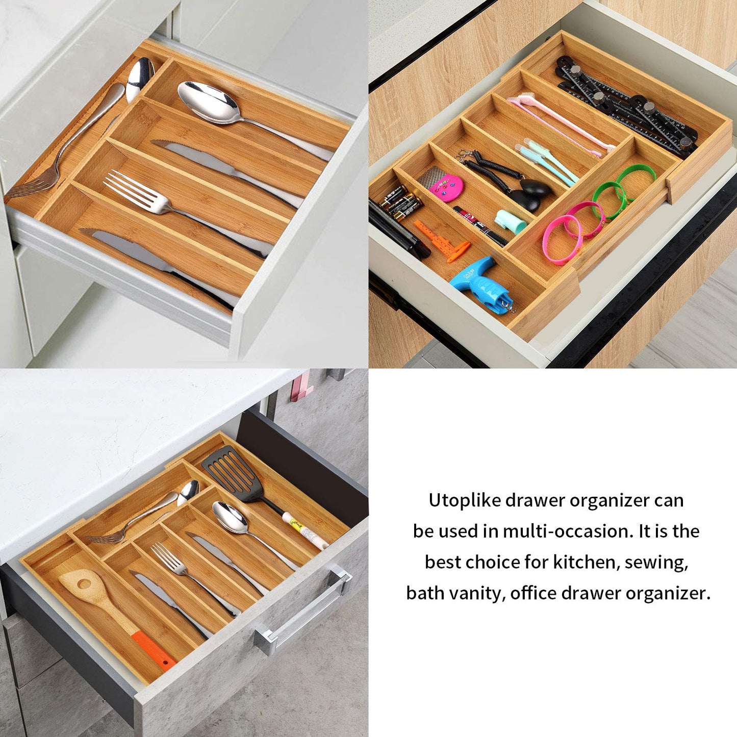 Utoplike Expandable Bamboo Cutlery Organizer Tray for Kitchen Drawers NEW