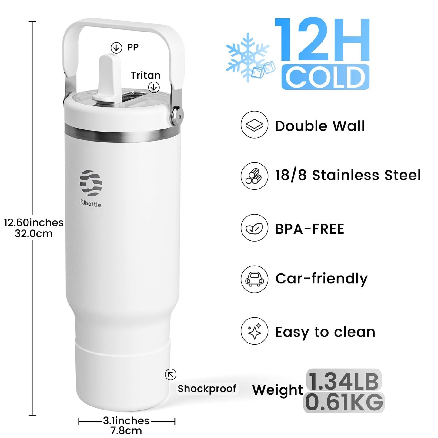 Fjbottle 40oz Tumblers Insulated Tumbler with Flip Straw and Handle, Iced NEW