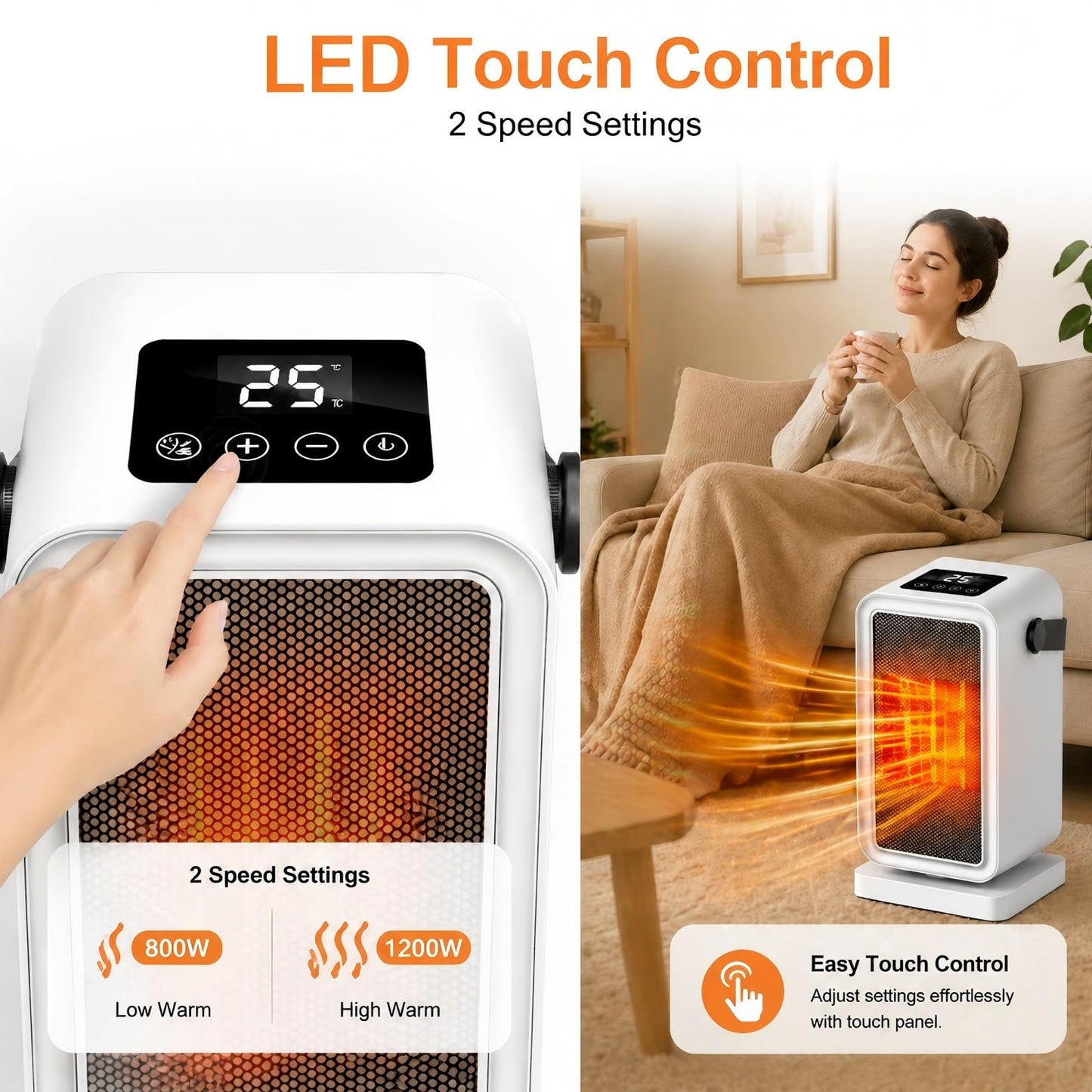 1200W Portable Electric Space Heater for Indoor Use, PTC Heating, White DEMO