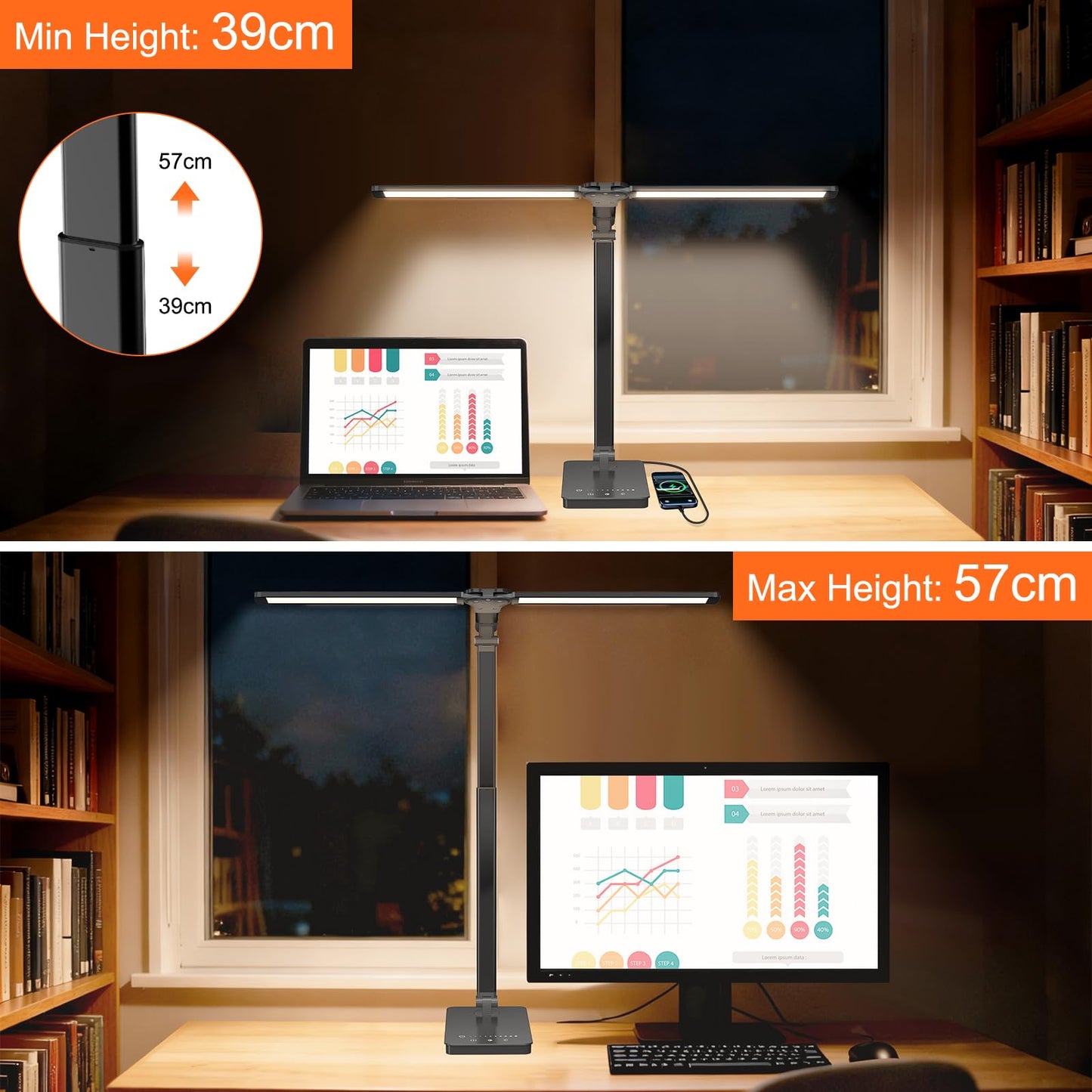 Rimposky Adjustable Double Head Desk Lamp LED Lighting Home Office Black NEW