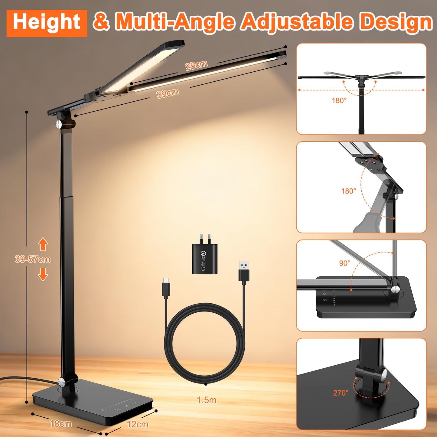 Rimposky Adjustable Double Head Desk Lamp LED Lighting Home Office Black NEW