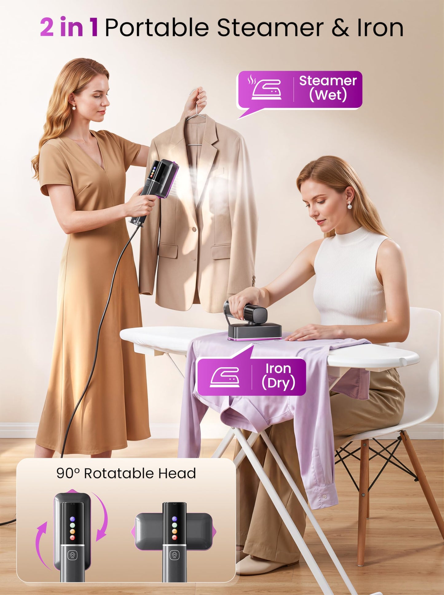 Handheld Garment Steamer Iron for Clothes in Grey and Purple - Powerful DEMO