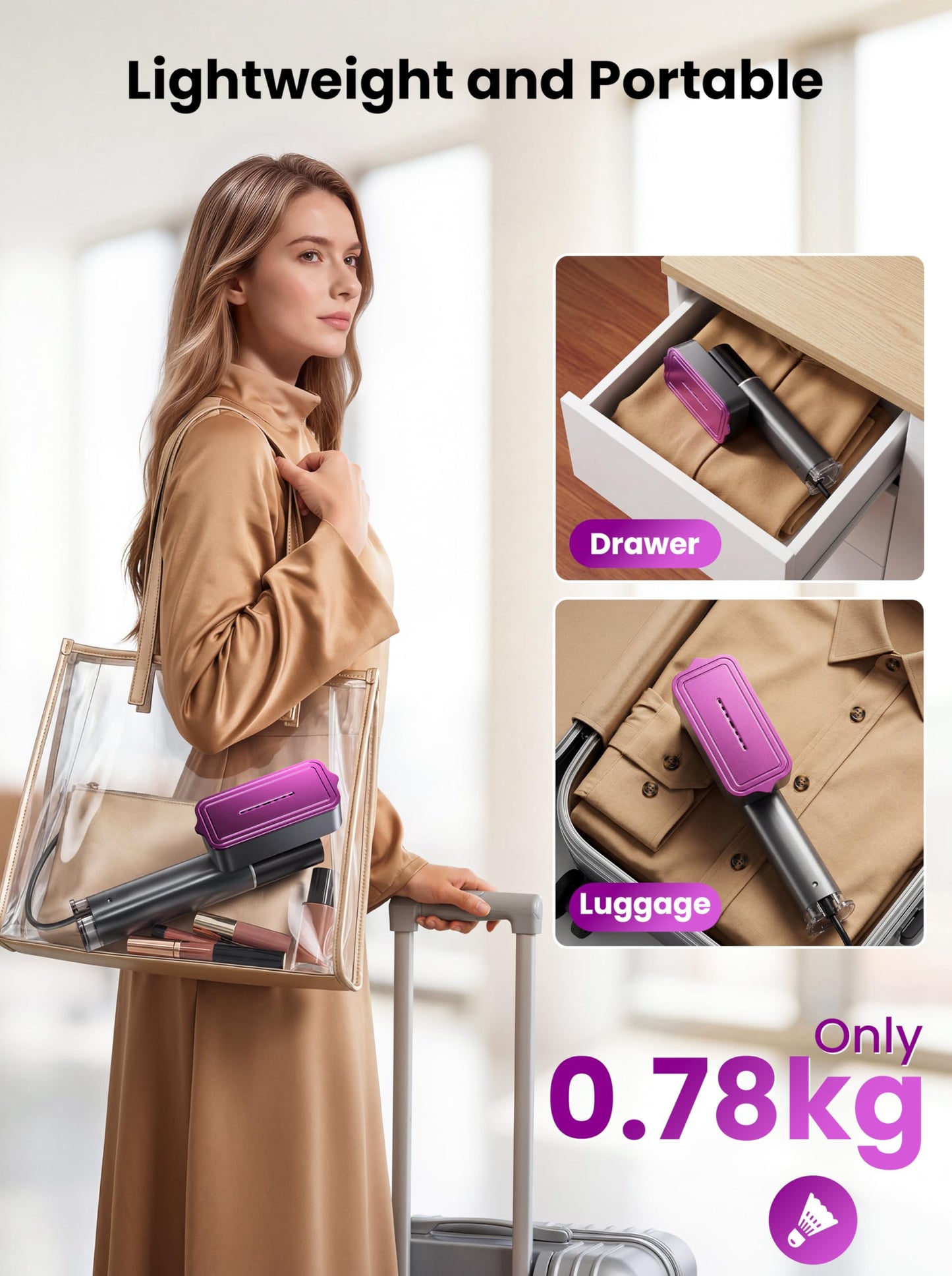 Handheld Garment Steamer Iron for Clothes in Grey and Purple - Powerful DEMO