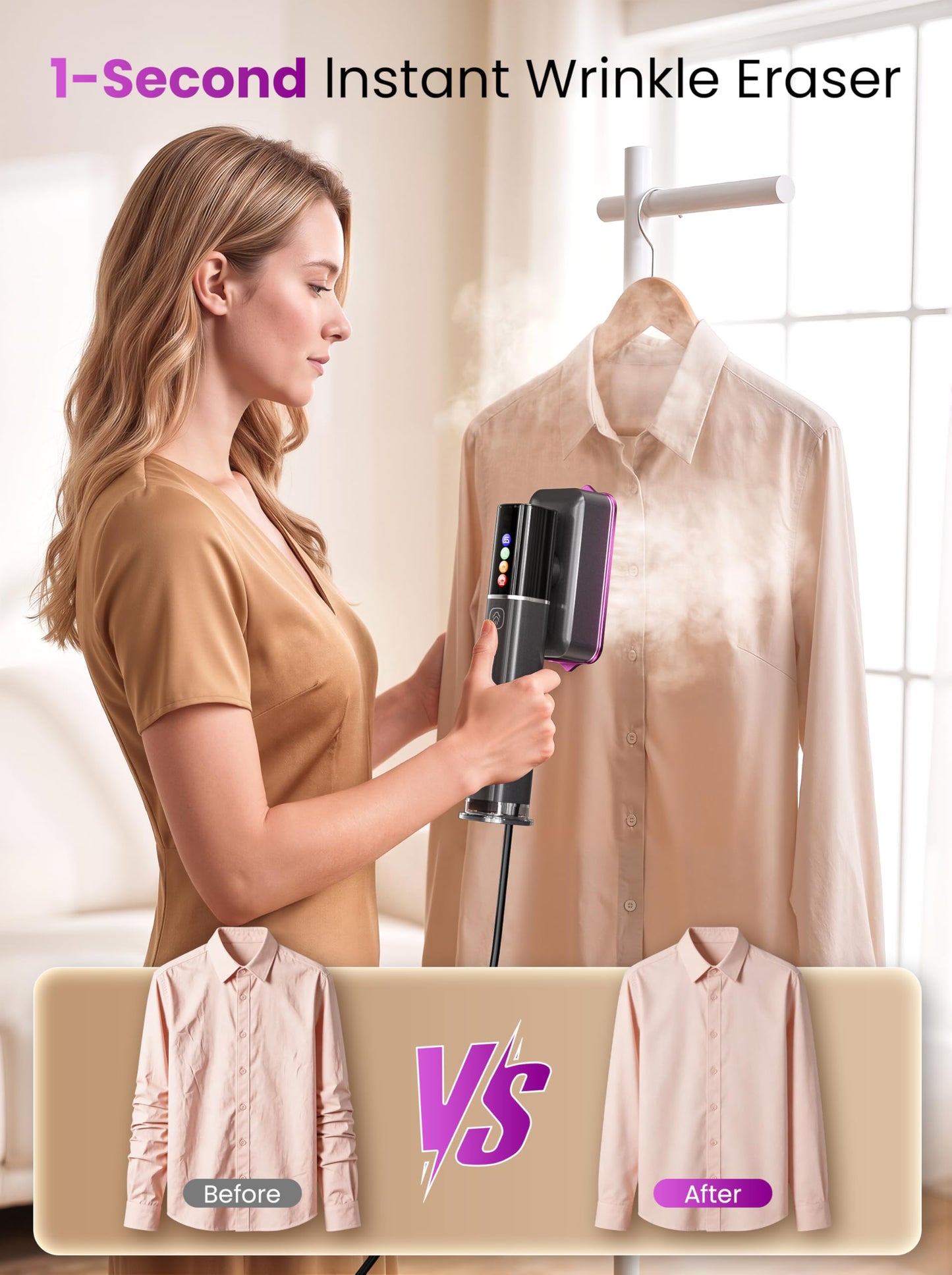 Handheld Garment Steamer Iron for Clothes in Grey and Purple - Powerful DEMO