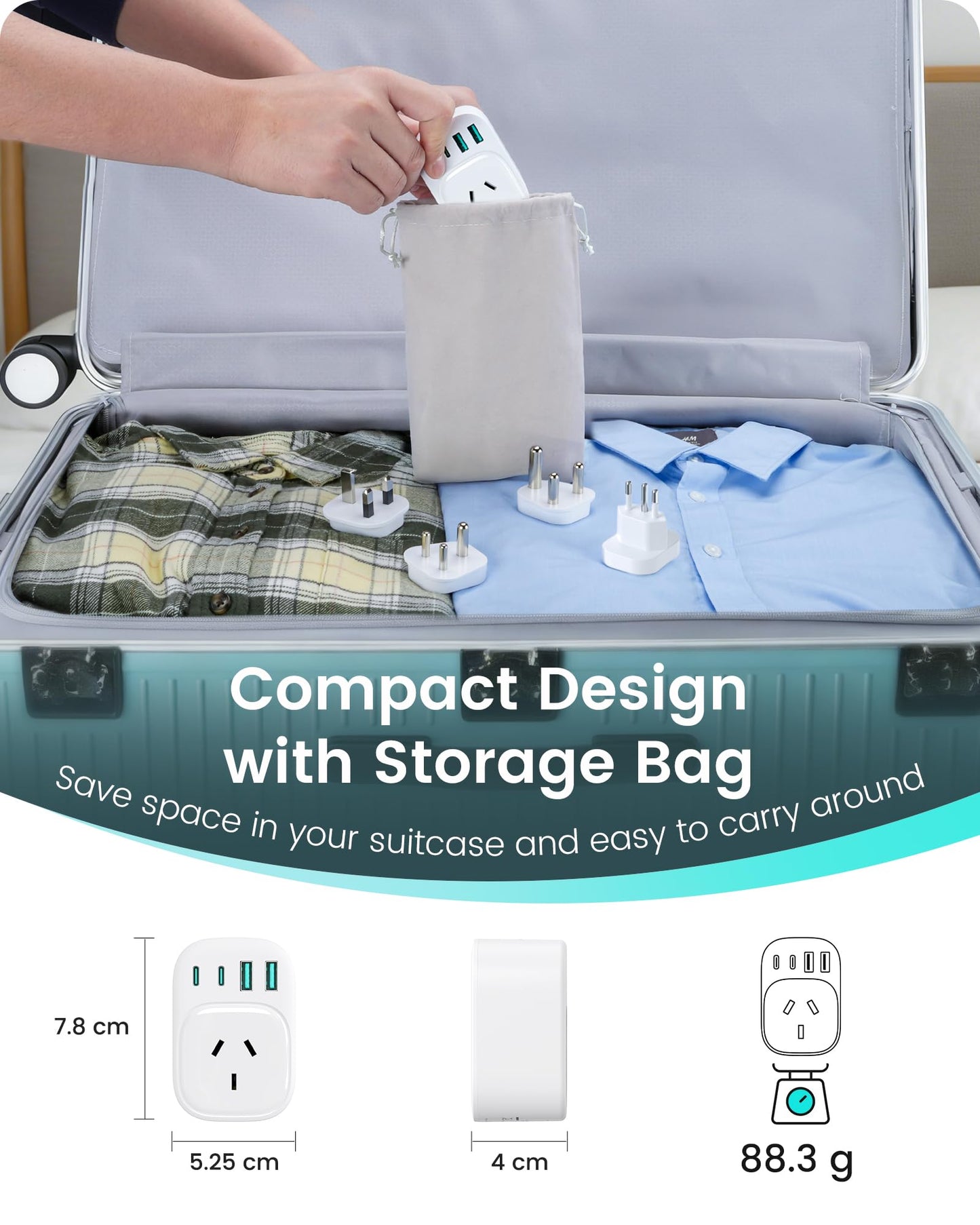 LENCENT Universal Travel Adapter Converter with 4 USB Ports, White, NEW