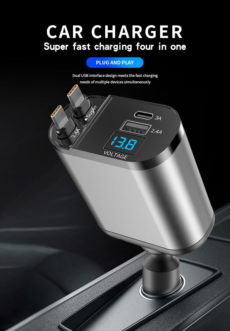 4-in-1 Fast Automobile Chargers Charging Car Charger with Dual Type C DEMO