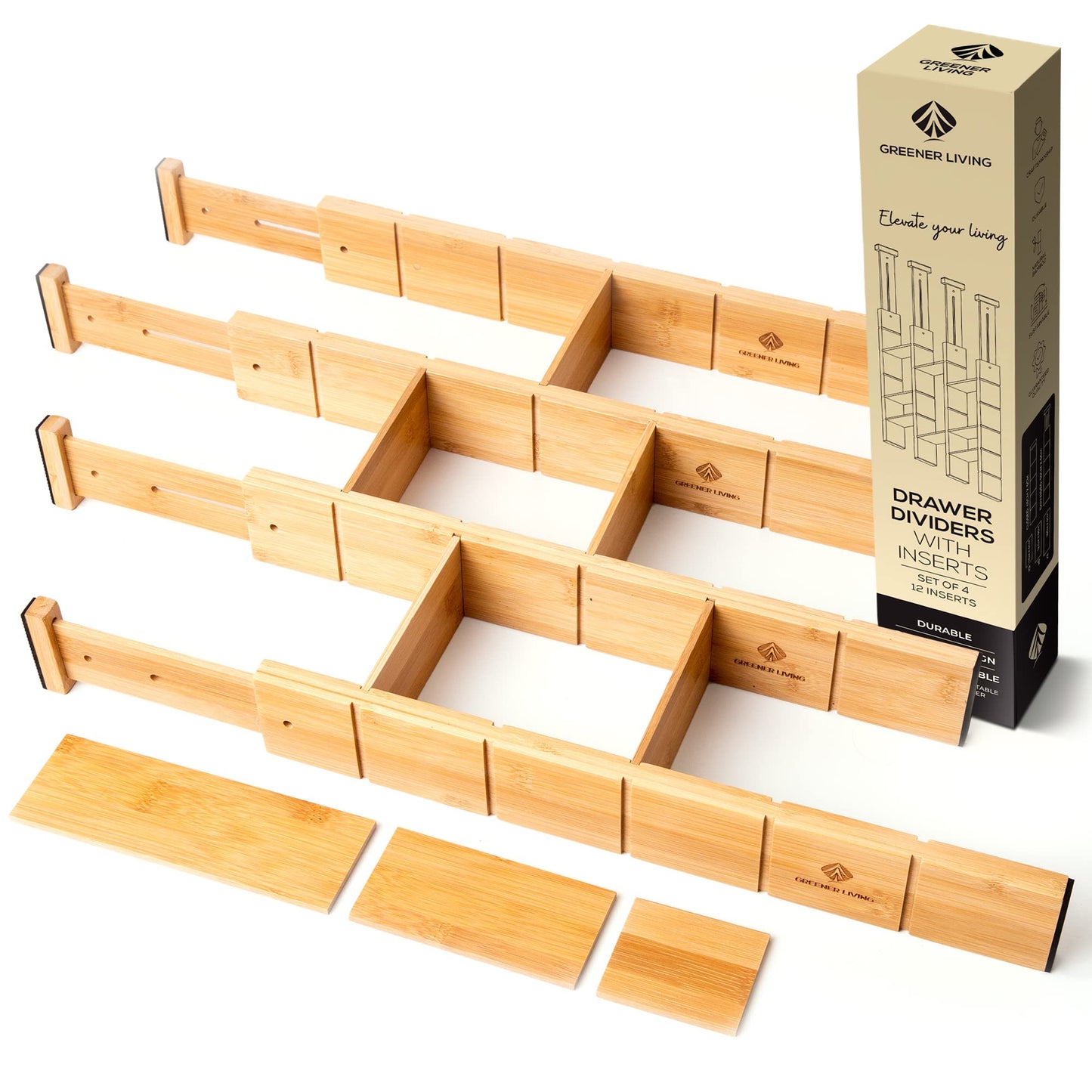 Greener Living Bamboo Drawer Organizer with 12 Inserts Kitchen Storage DEMO
