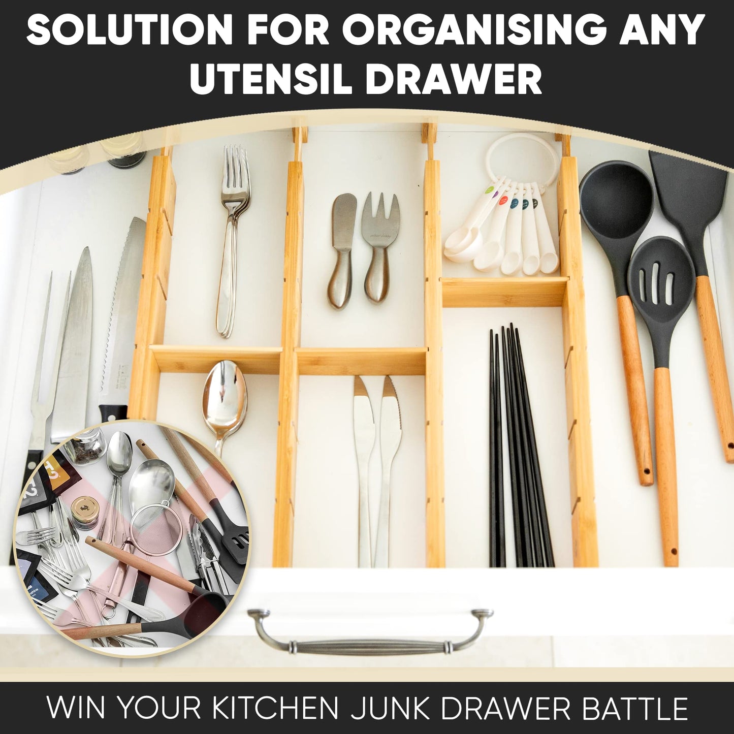 Greener Living Bamboo Drawer Organizer with 12 Inserts Kitchen Storage DEMO