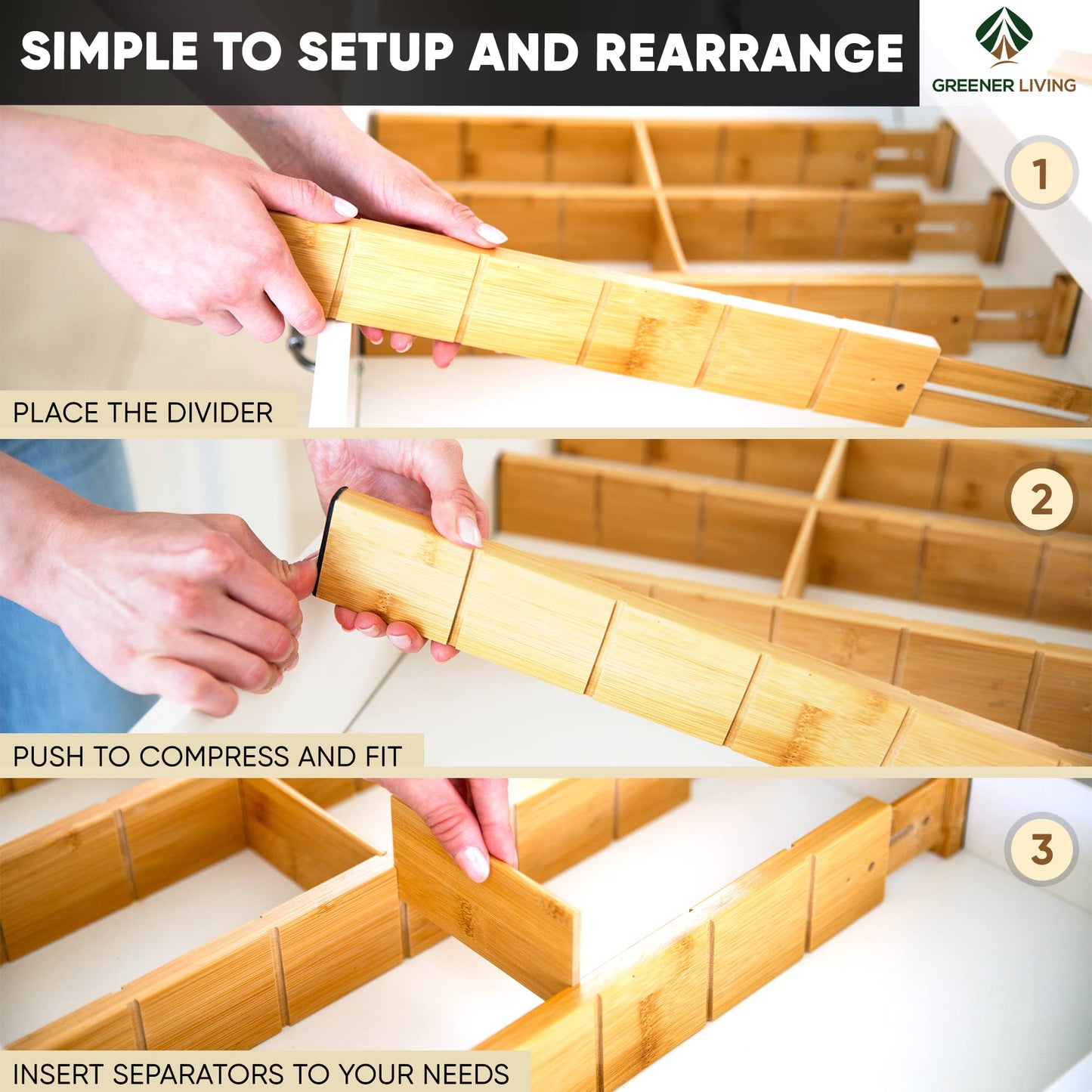Greener Living Bamboo Drawer Organizer with 12 Inserts Kitchen Storage DEMO