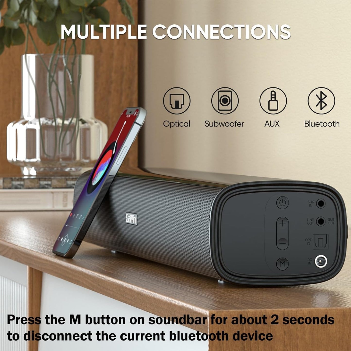 Saiyin Compact Soundbar Speaker with 3 Equalizer Modes in Black NEW