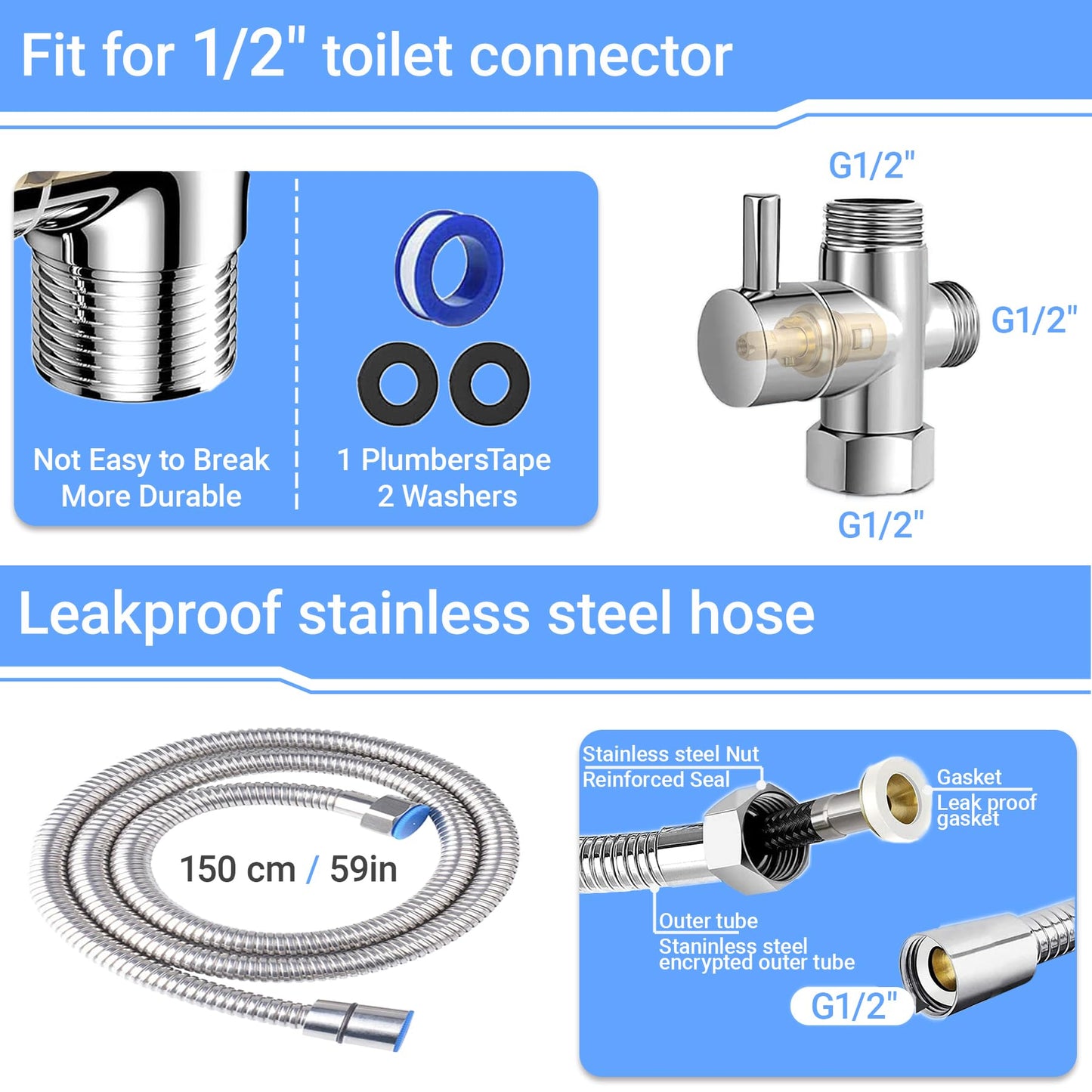 Handheld Bidet Attachment with Filter Silvery Sprayer for Toilet Size 150cm NEW