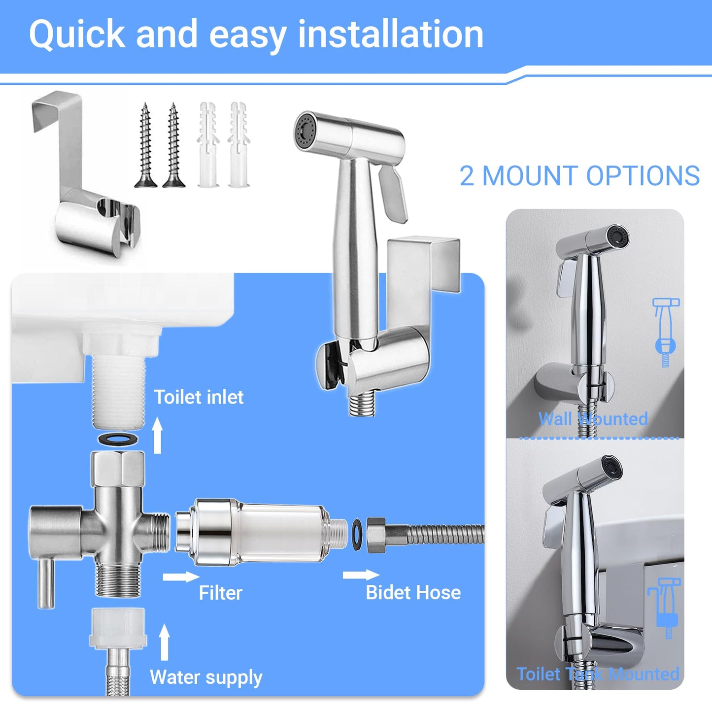 Handheld Bidet Attachment with Filter Silvery Sprayer for Toilet Size 150cm NEW