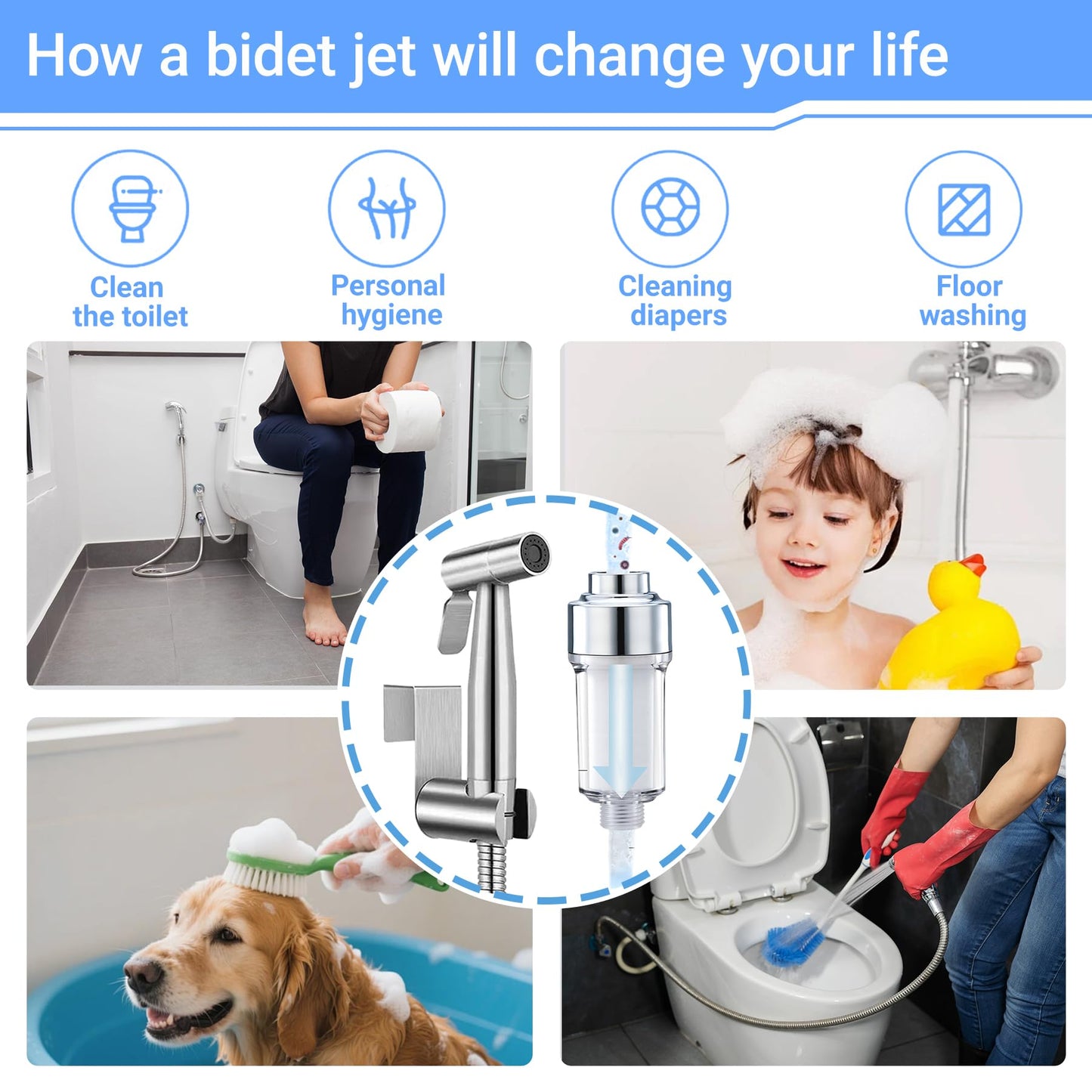 Handheld Bidet Attachment with Filter Silvery Sprayer for Toilet Size 150cm NEW