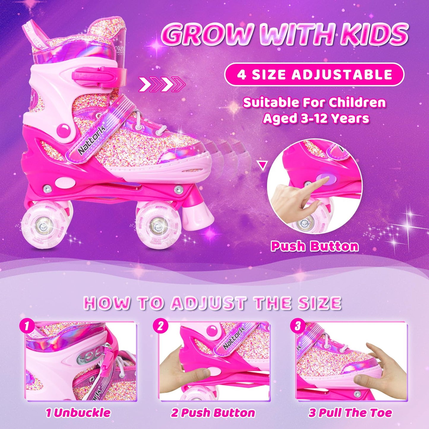 Nattork Kids Adjustable Roller Skates, Candy Pink, Medium(1-4) Size, Unisex NEW