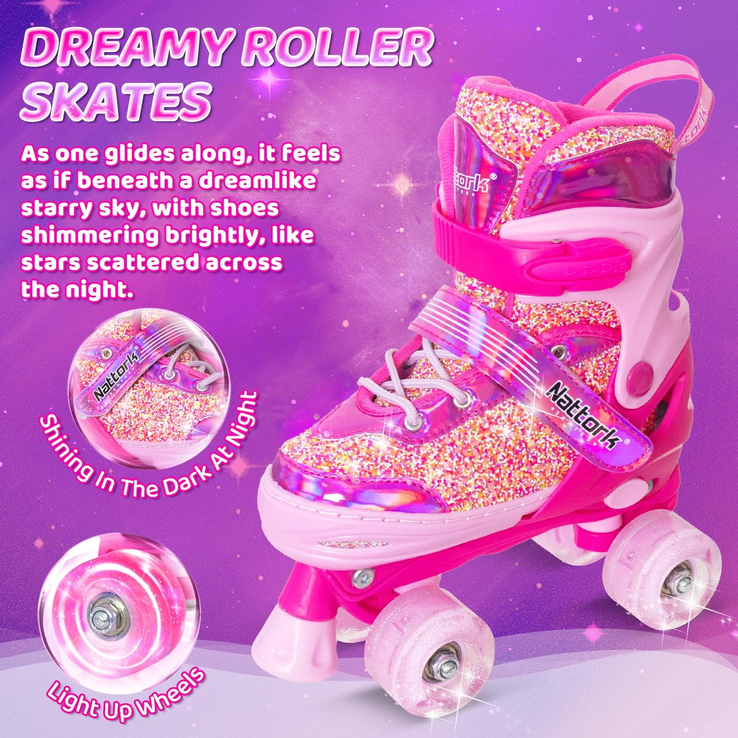 Nattork Kids Adjustable Roller Skates, Candy Pink, Medium(1-4) Size, Unisex NEW