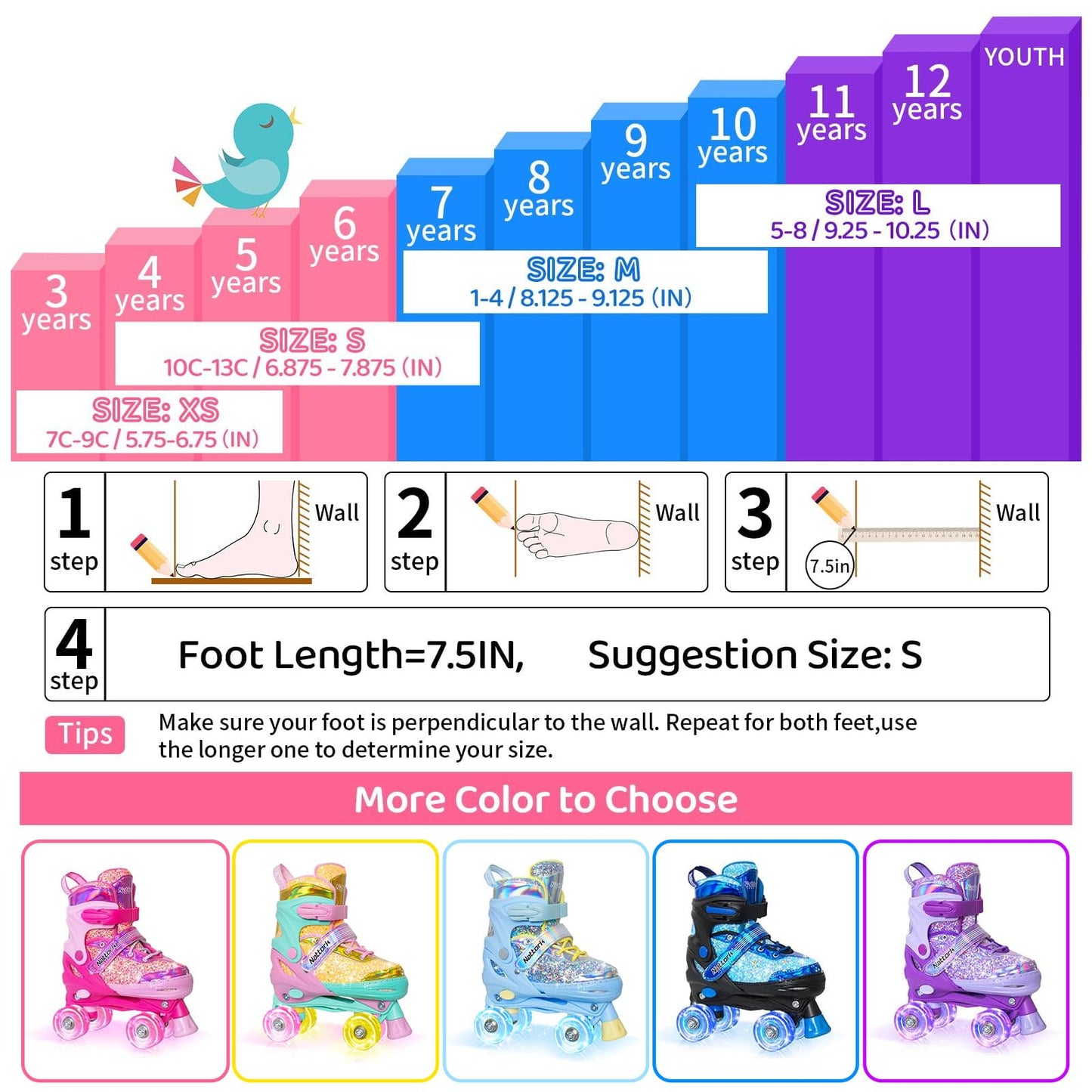 Nattork Kids Adjustable Roller Skates, Candy Pink, Medium(1-4) Size, Unisex NEW